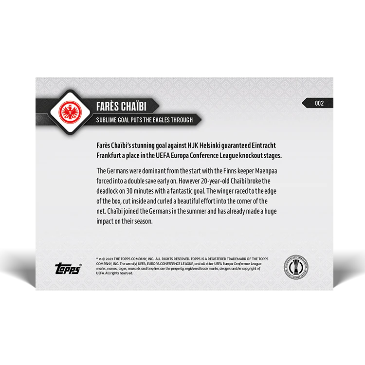 Topps UK - Fares Chaibi - Sublime goal puts The Eagles through - UECL TOPPS NOW® Card #2