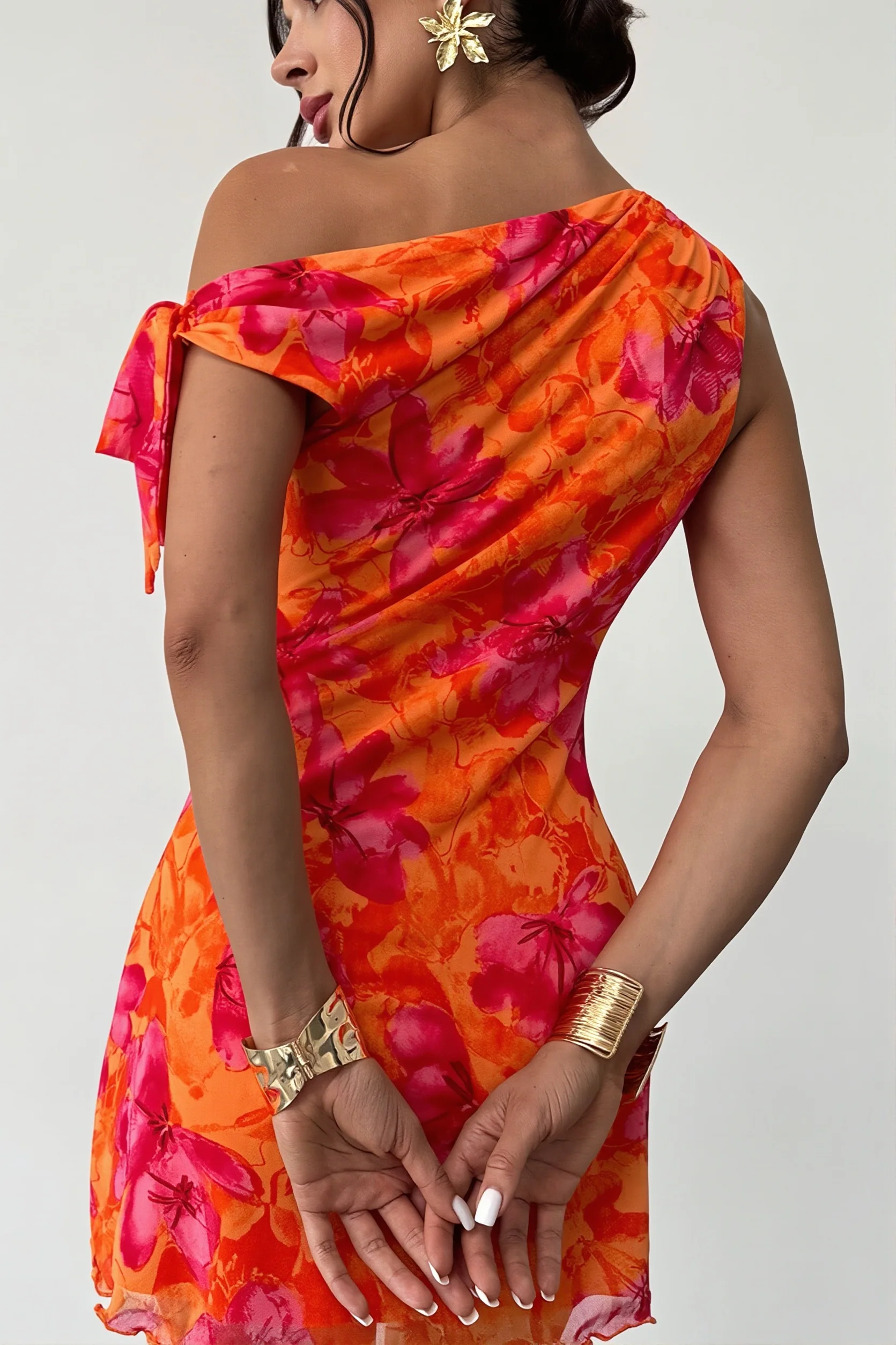 Sexy Floral Print Waist Cinched Mini Dress