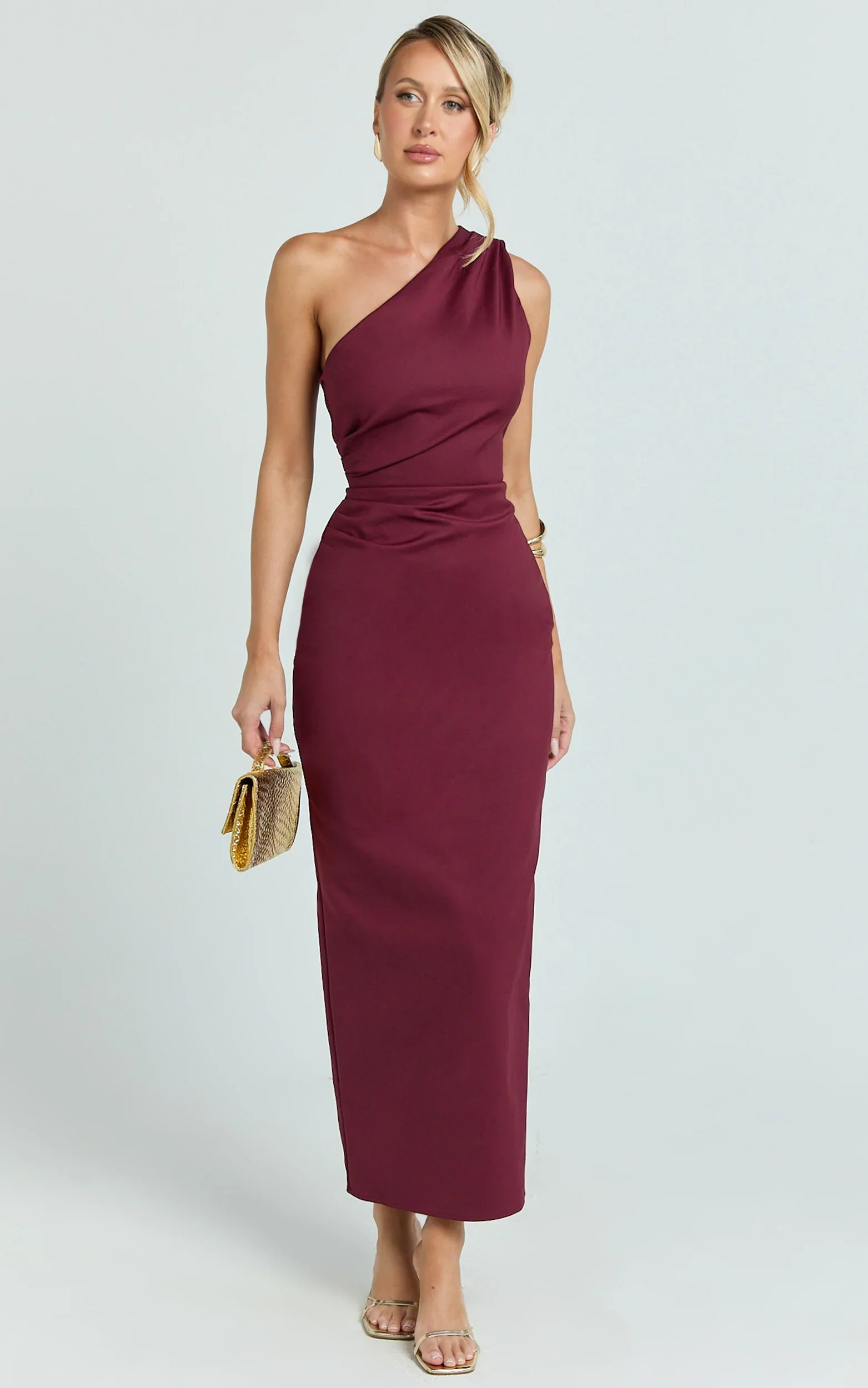 Karlie Midi Dress - One Shoulder Fitted Dress in Wine