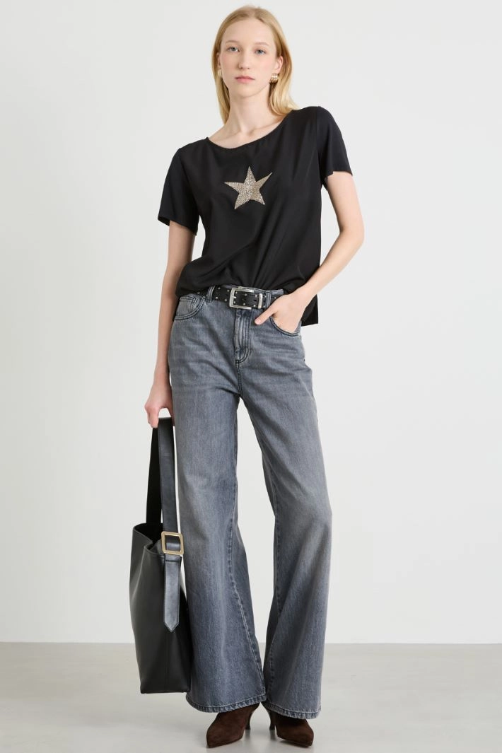 Bi-material T-shirt with rhinestones - BLACK