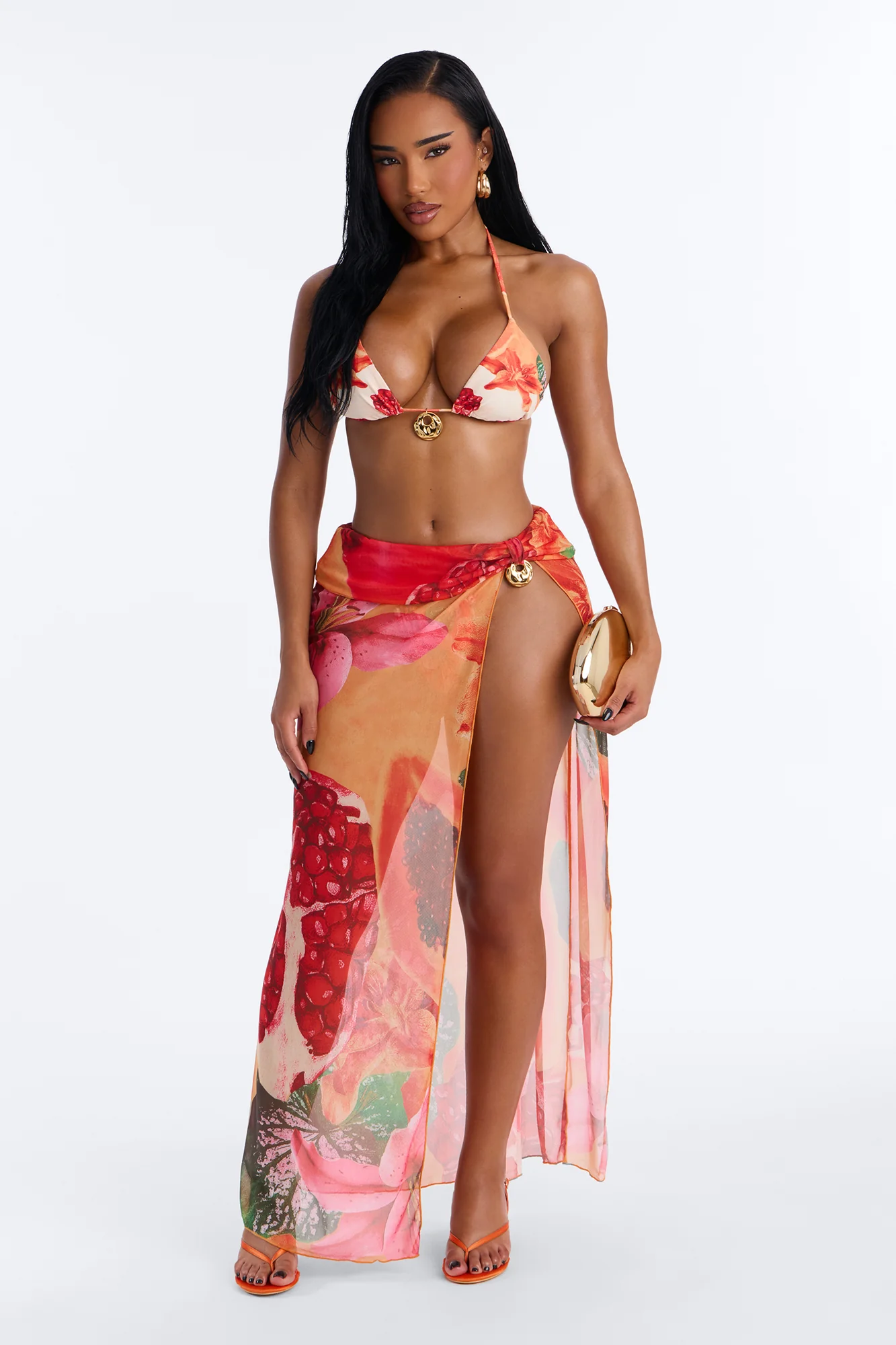 Shantel Tropical Print 3 Piece Triangle Bikini & Mesh Cover Up Maxi Skirt Sunsuit - Multi Color