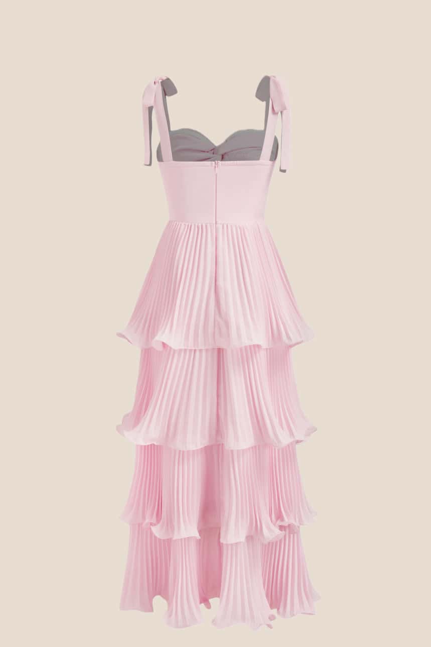 Twisted Pink Pleated A-line Tiered Maxi Dress