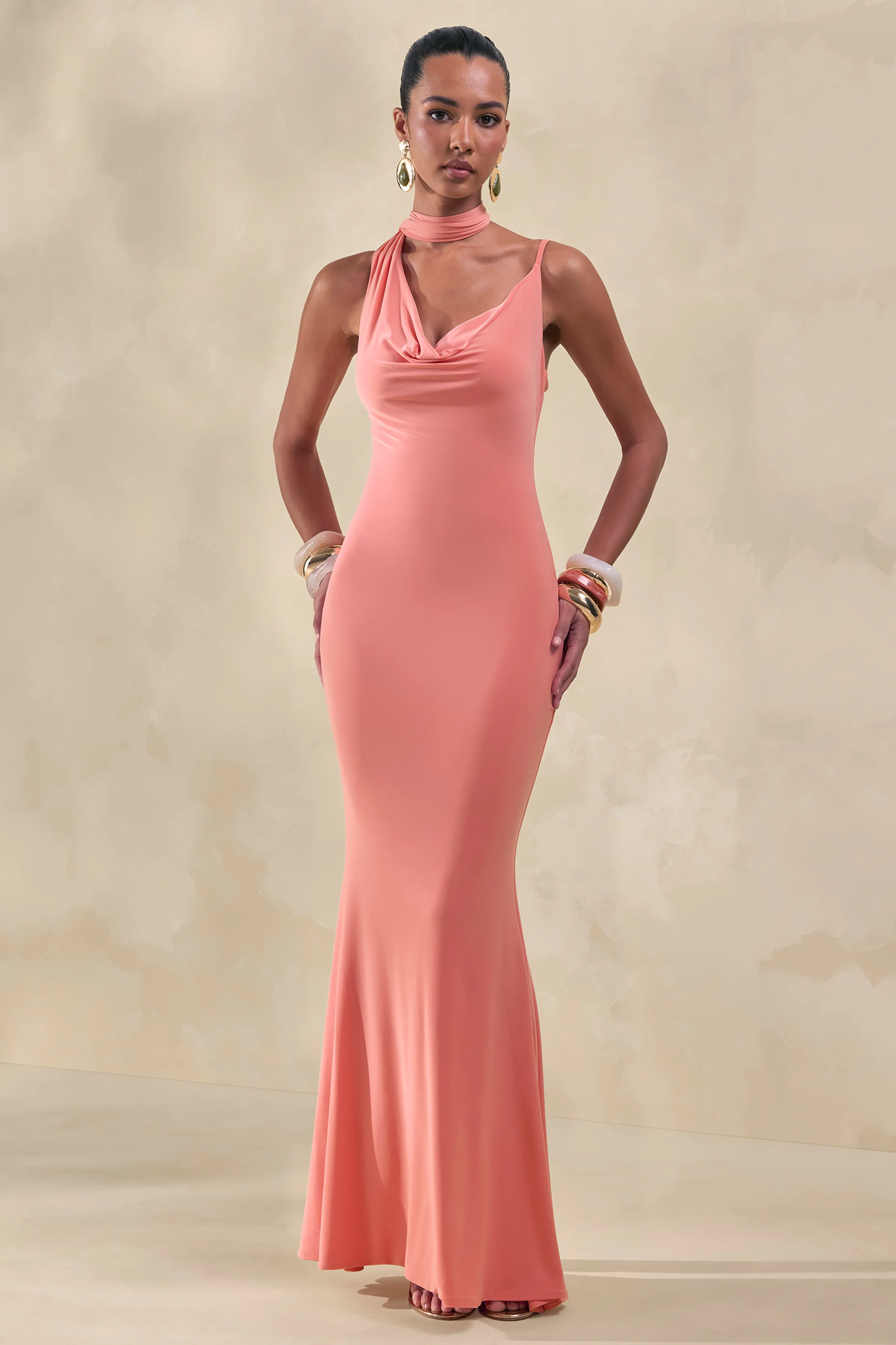 Kenza | Coral Asymmetric-Neck Maxi Dress With Scarf-Detail
