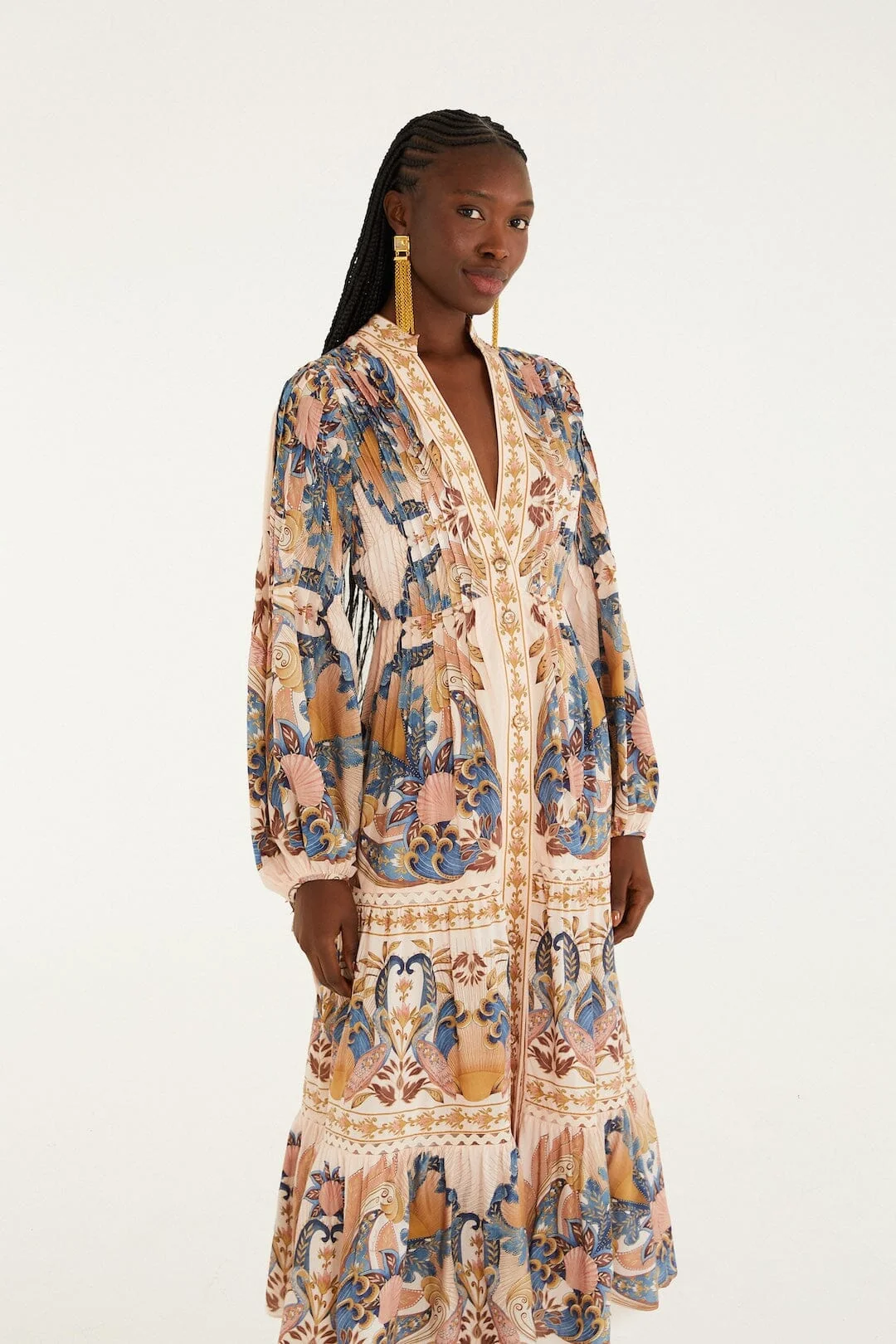Soft Pink Sea Garden Scarf Pleated Midi Dress