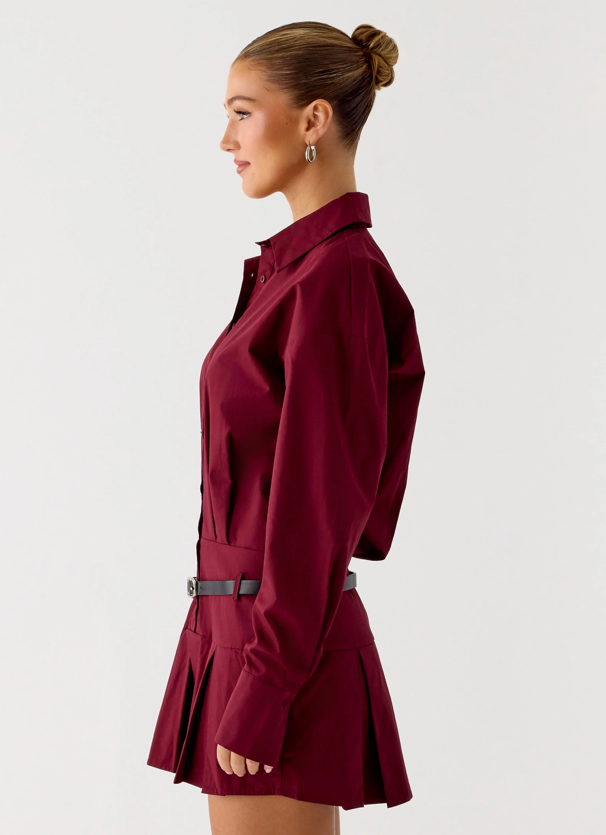 Rio Pleated Shirt Mini Dress - Maroon