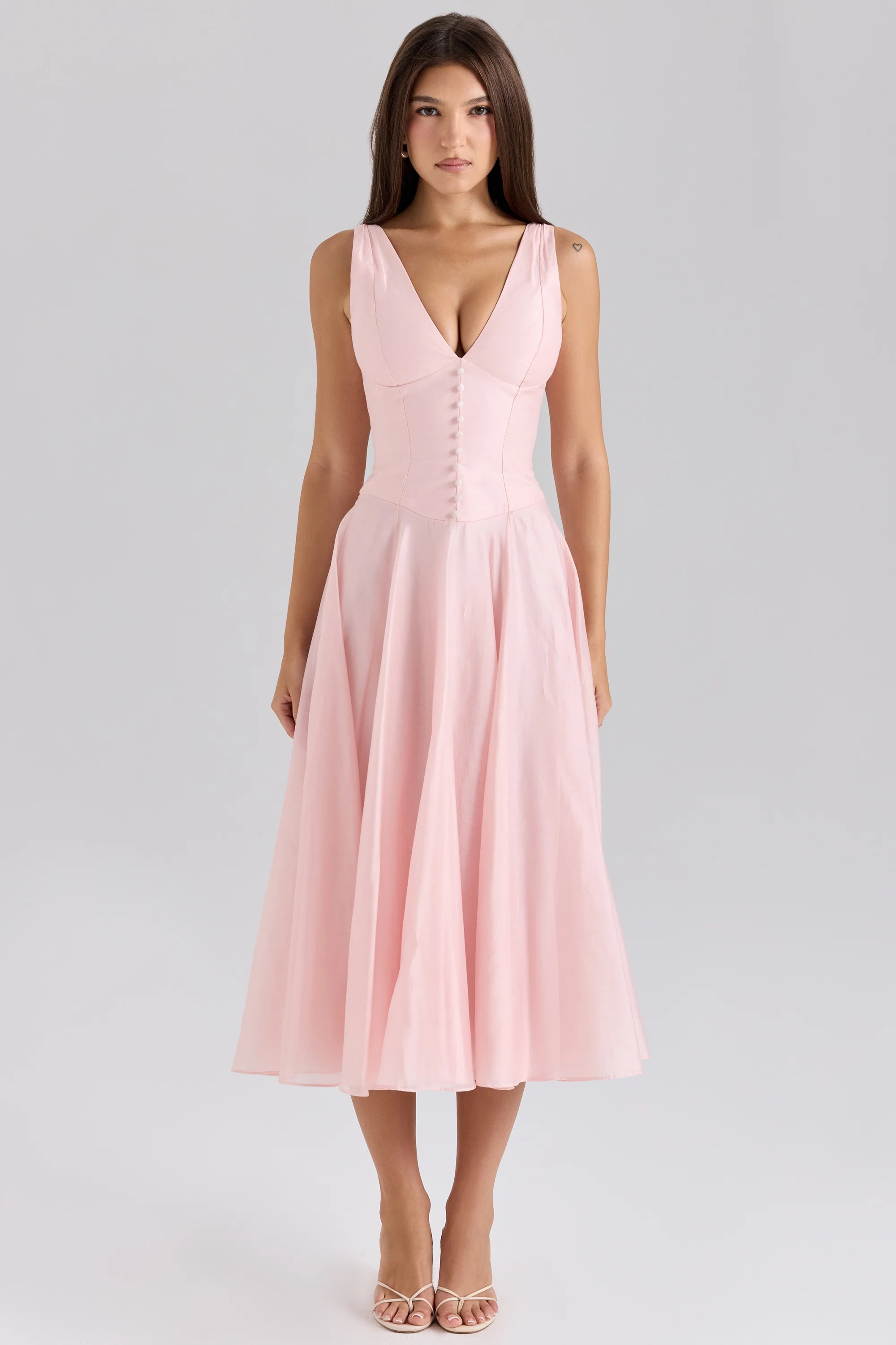 pink chiffon button midi dress