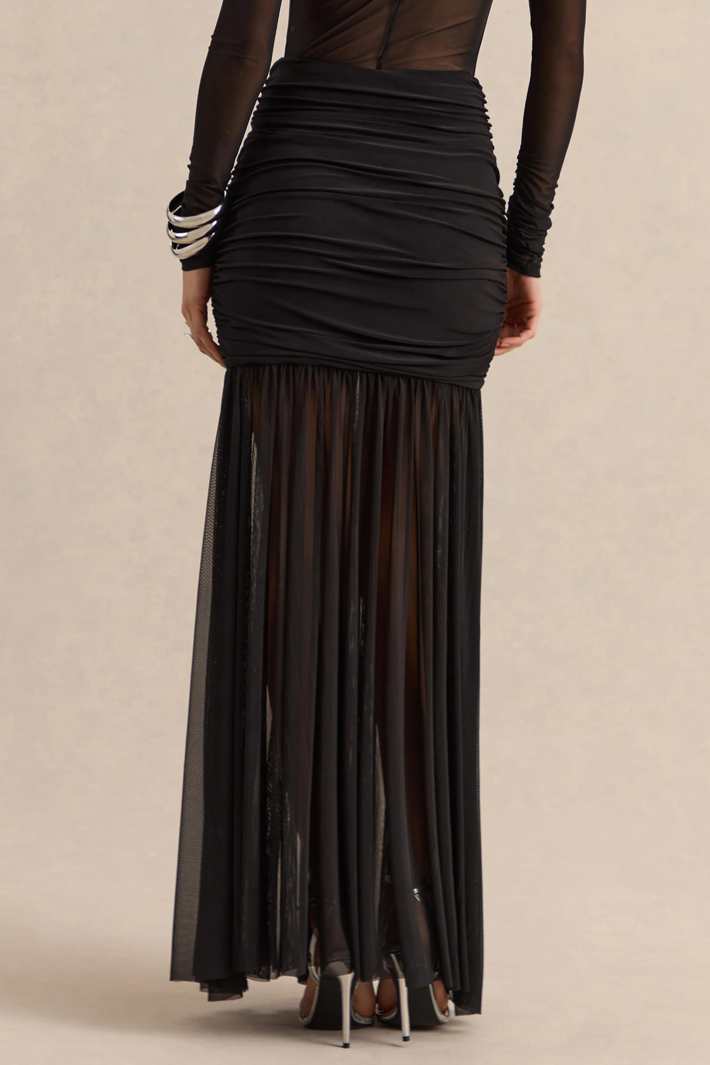 Kallie | Black Twisted Waist Mesh Maxi Skirt