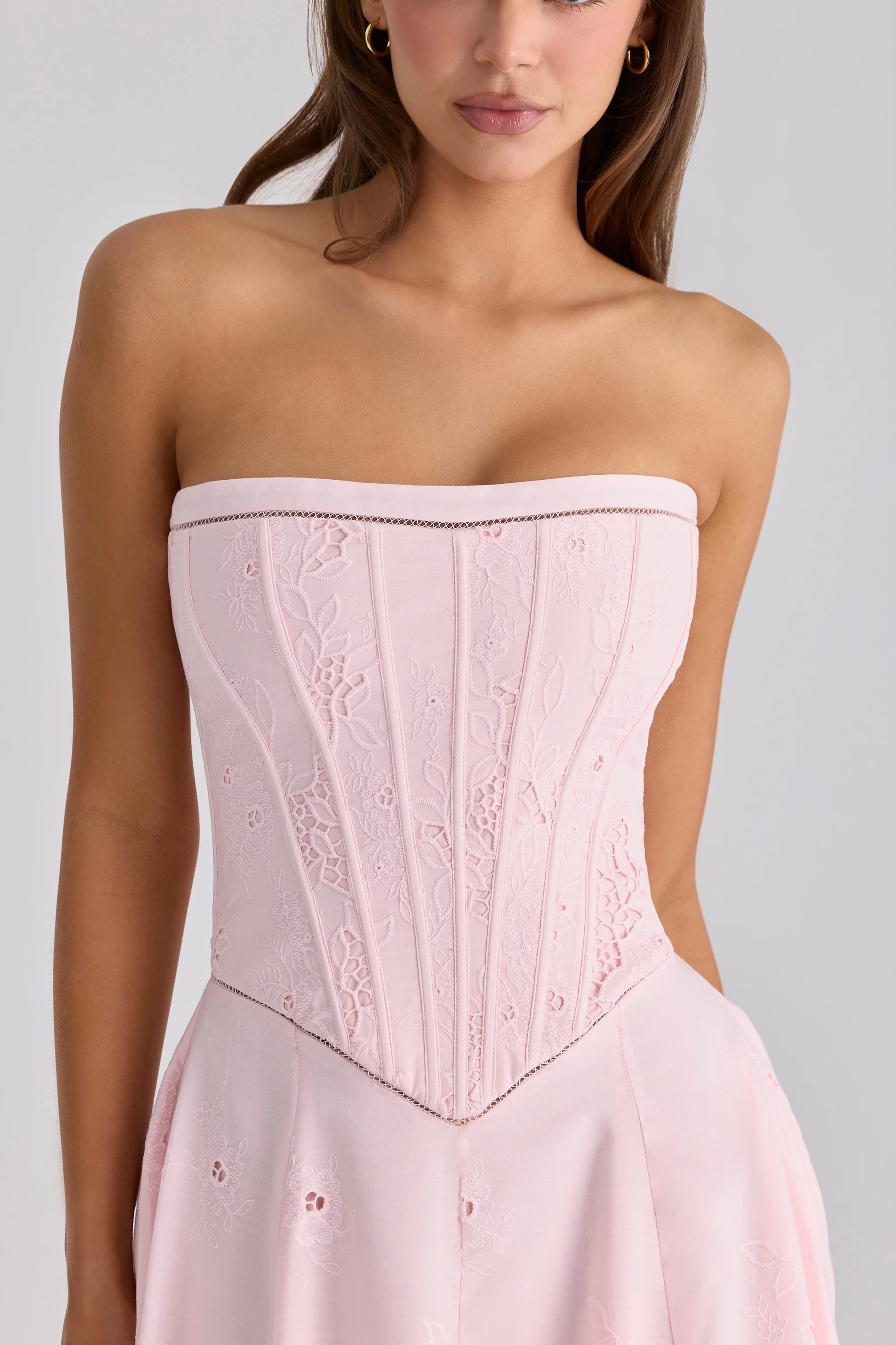 Belissa Pink Strapless Custom Lace + Broderie Anglaise Midi Dress