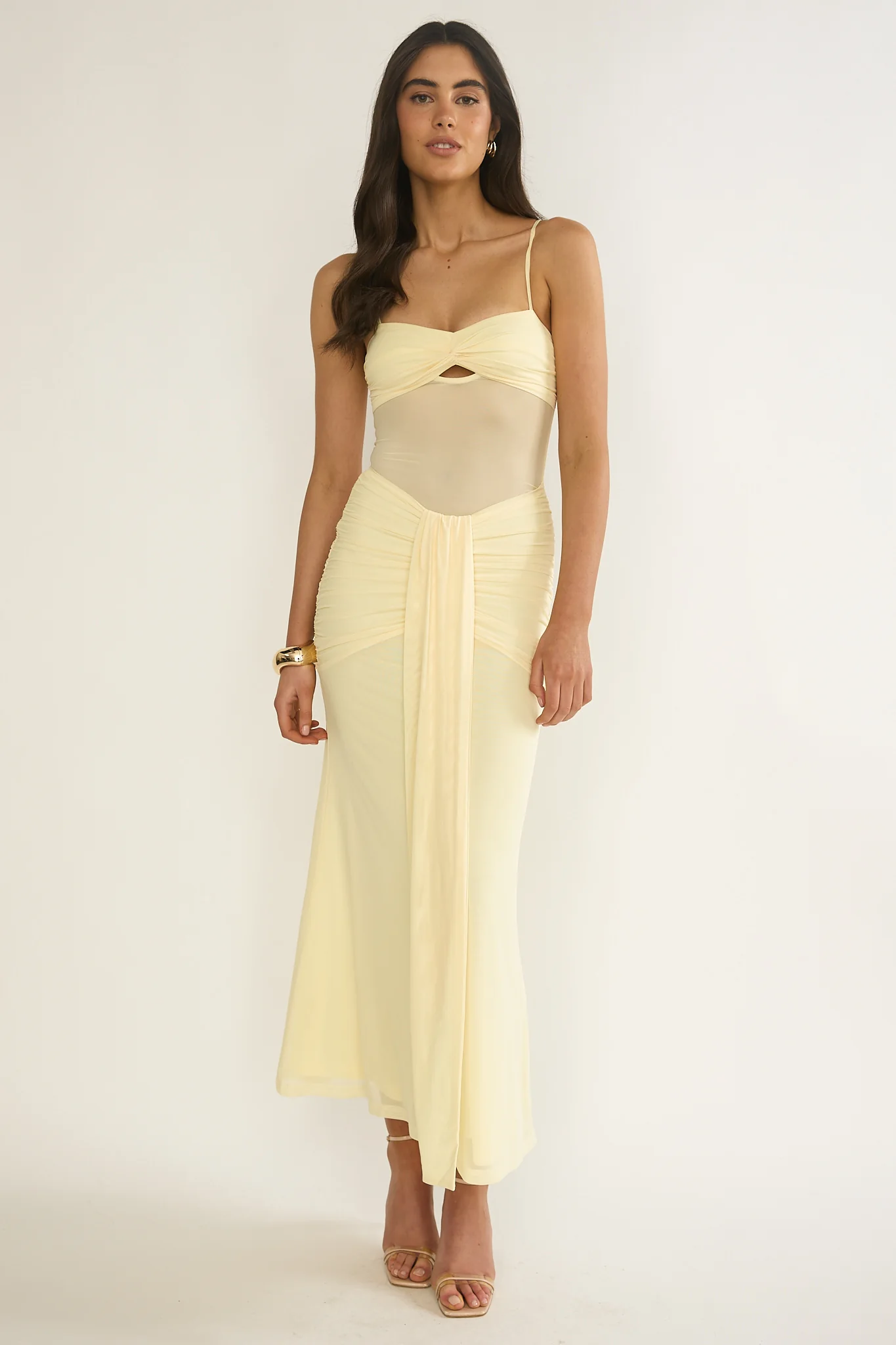 Kamilah Ruched Sheer Waist Maxi Dress Yellow