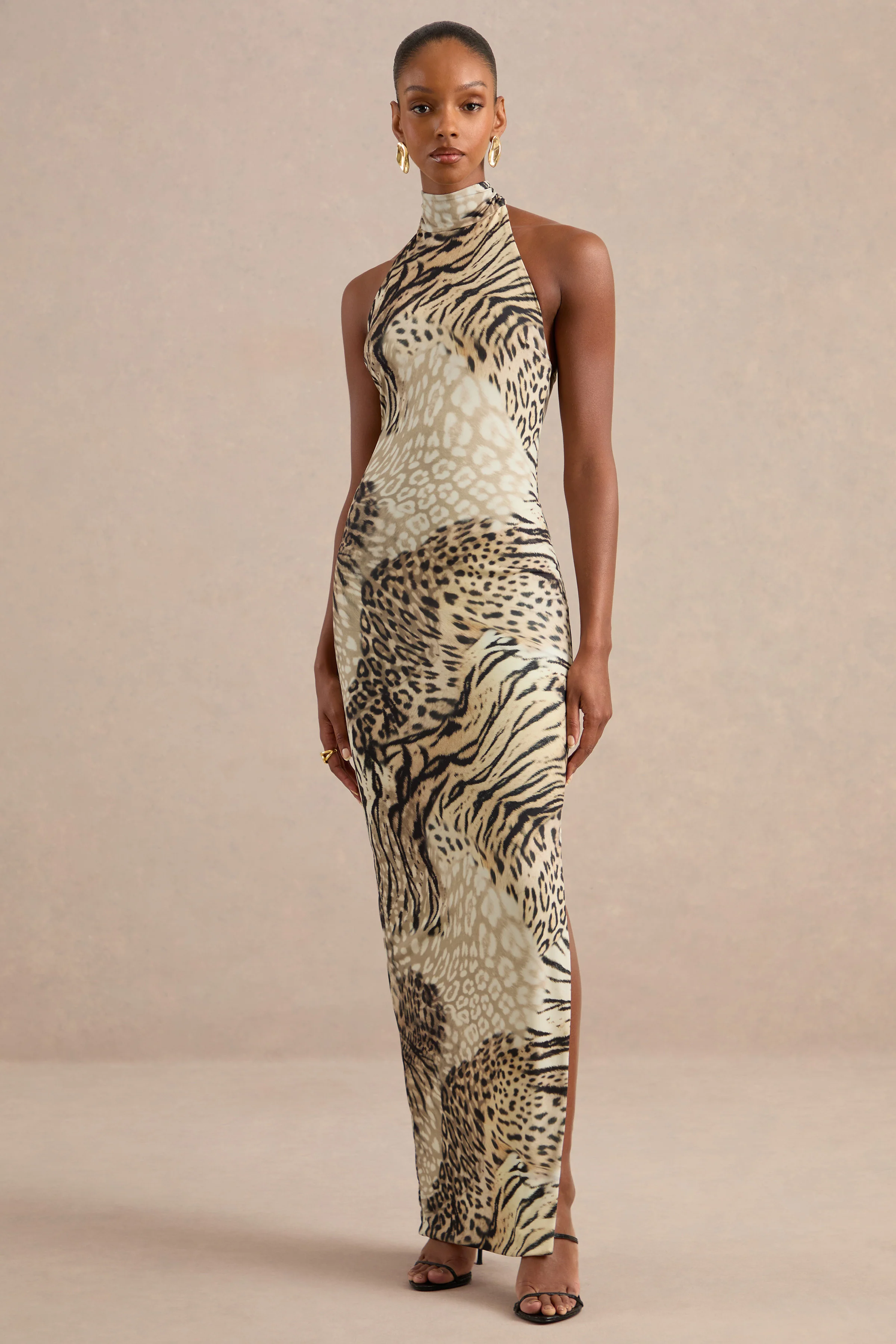 Arlise | Brown Animal Print Jersey High Neck Maxi Dress With Open Back