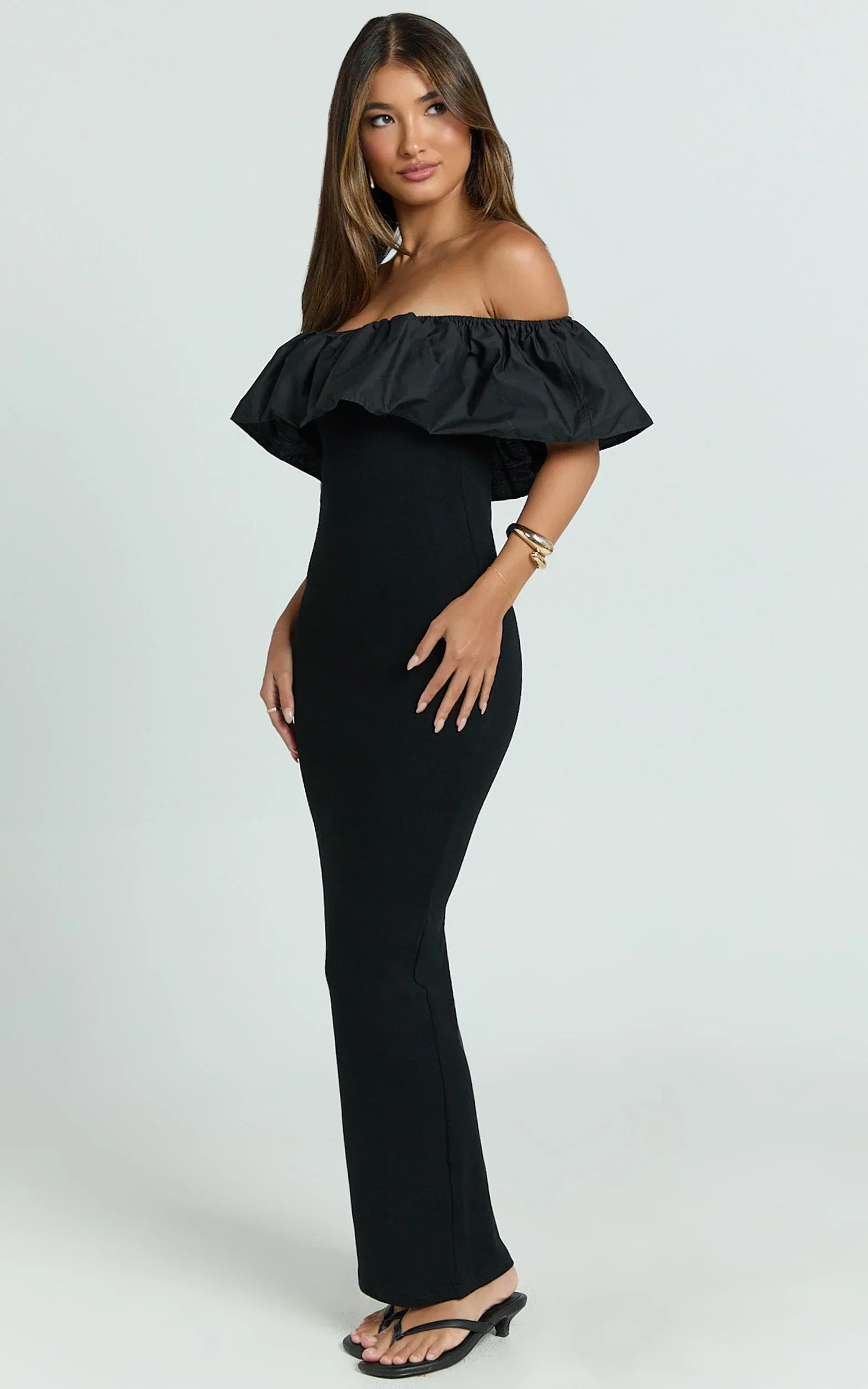 Carol Maxi Dress - Off Shoulder Frill Neckline Dress in Black