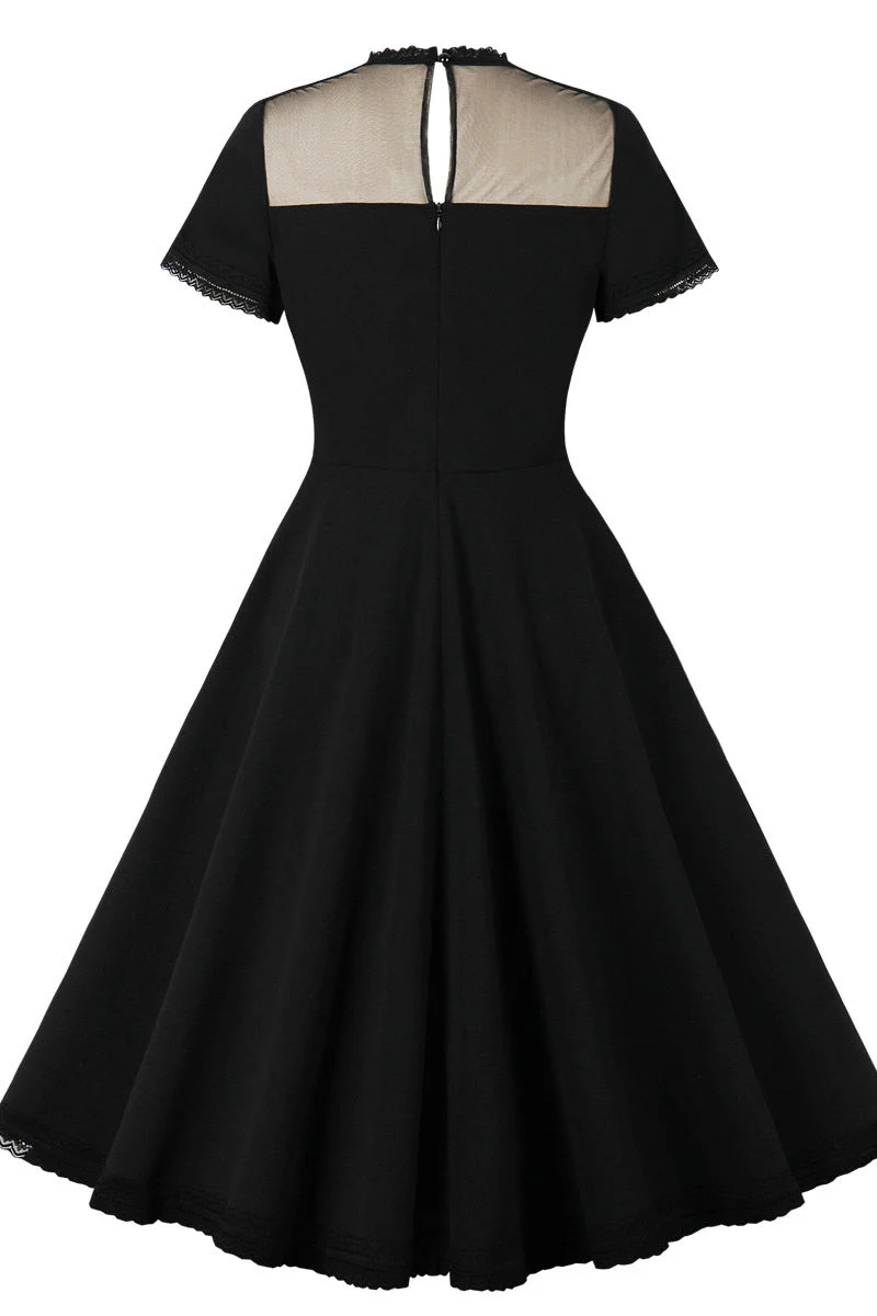 Sheer High Neck Black Swing Dress with Short Sleeves