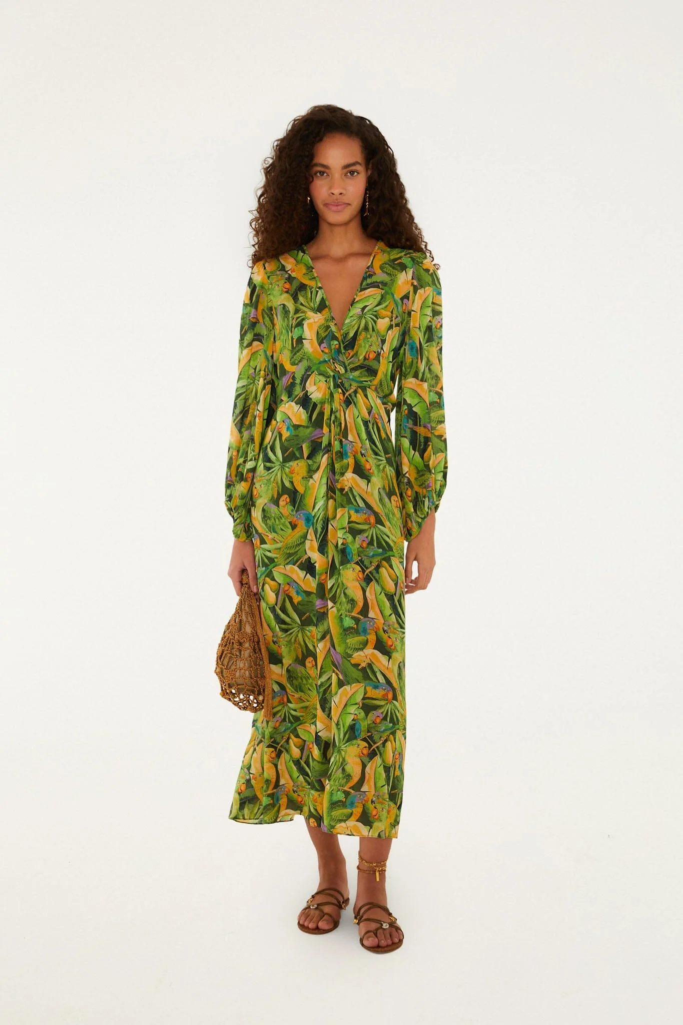 Green Forest Parrots Long Sleeve Midi Dress