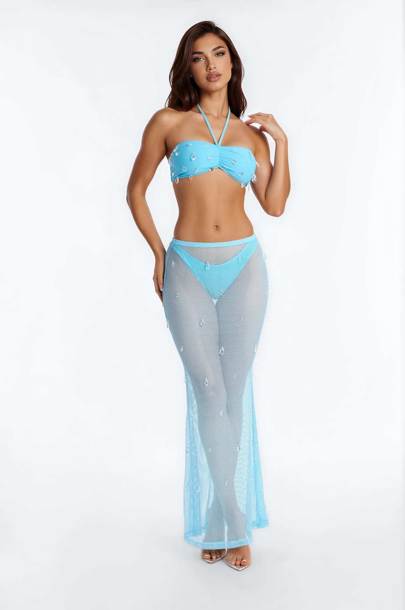Alejandra Rain Drops Bandeau 3 Piece Bikini & Skirt Set - Blue