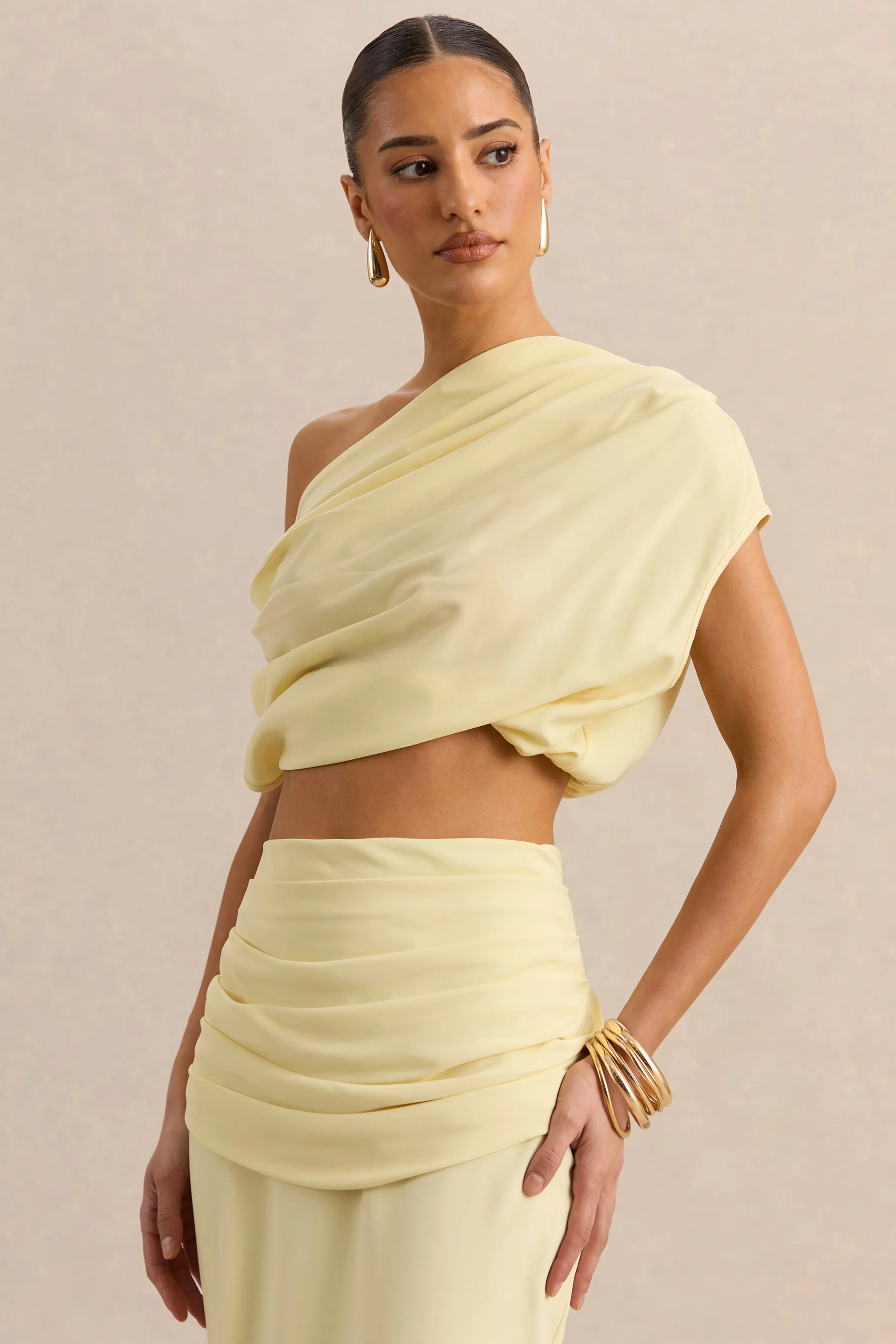 Yaselle | Lemon Satin One Shoulder Short Sleeve Top With Draped Detailing And Tie Back