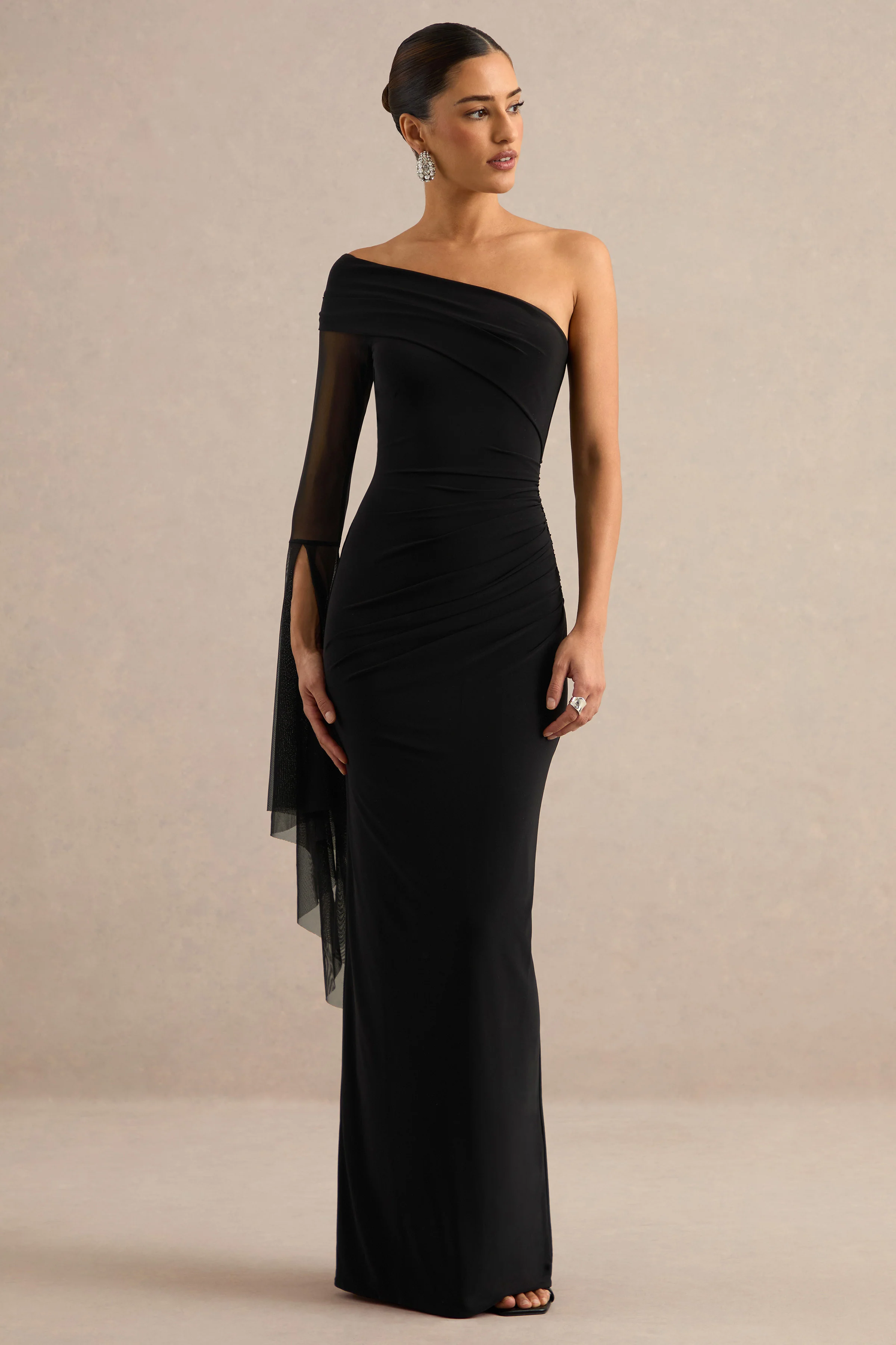 Evony | Black Jersey Off The Shoulder Maxi Dress With Ruching and Sheer Sleeve