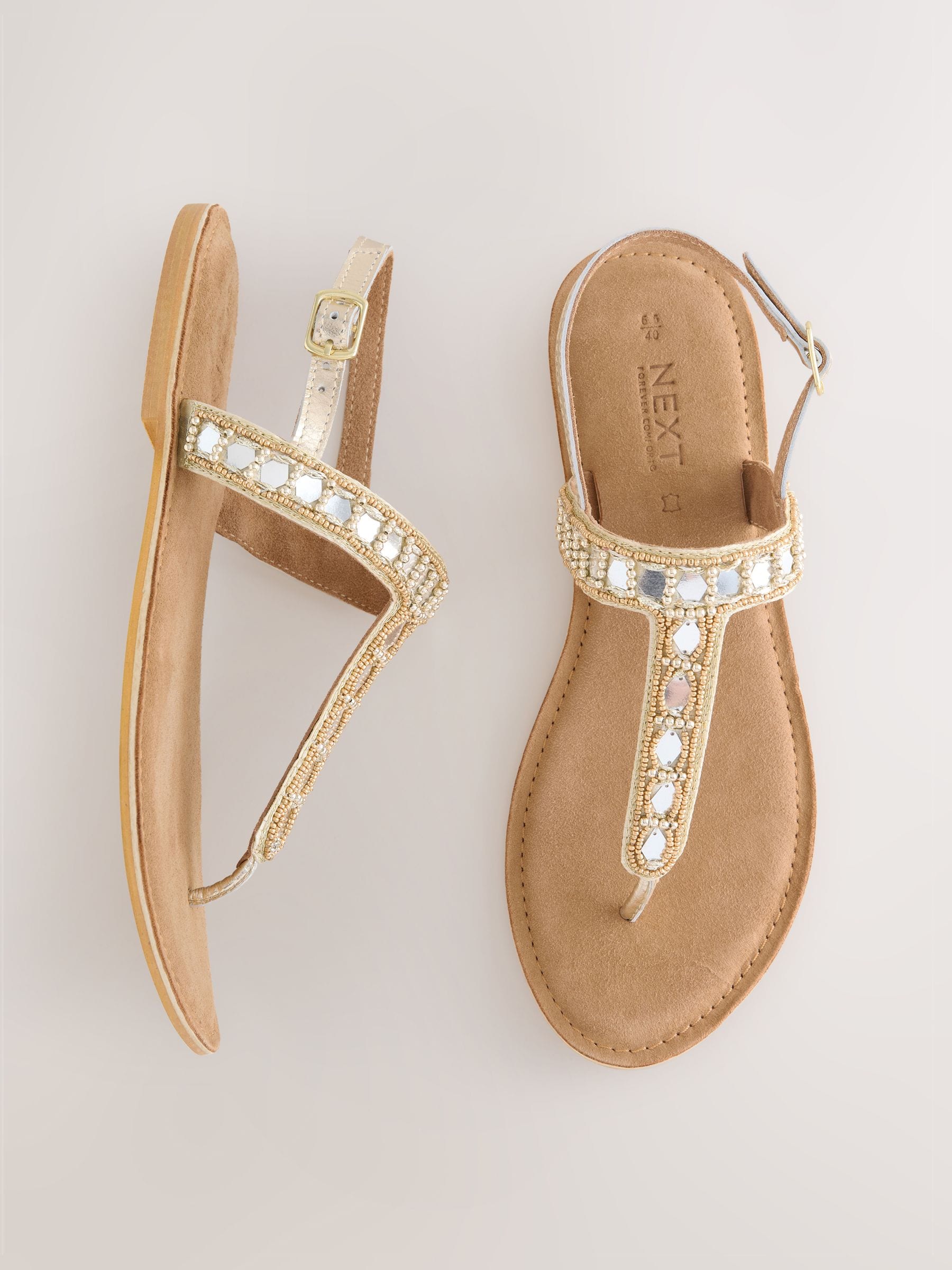 Gold Leather Forever Comfort® Toe Thong Embellished Sandals