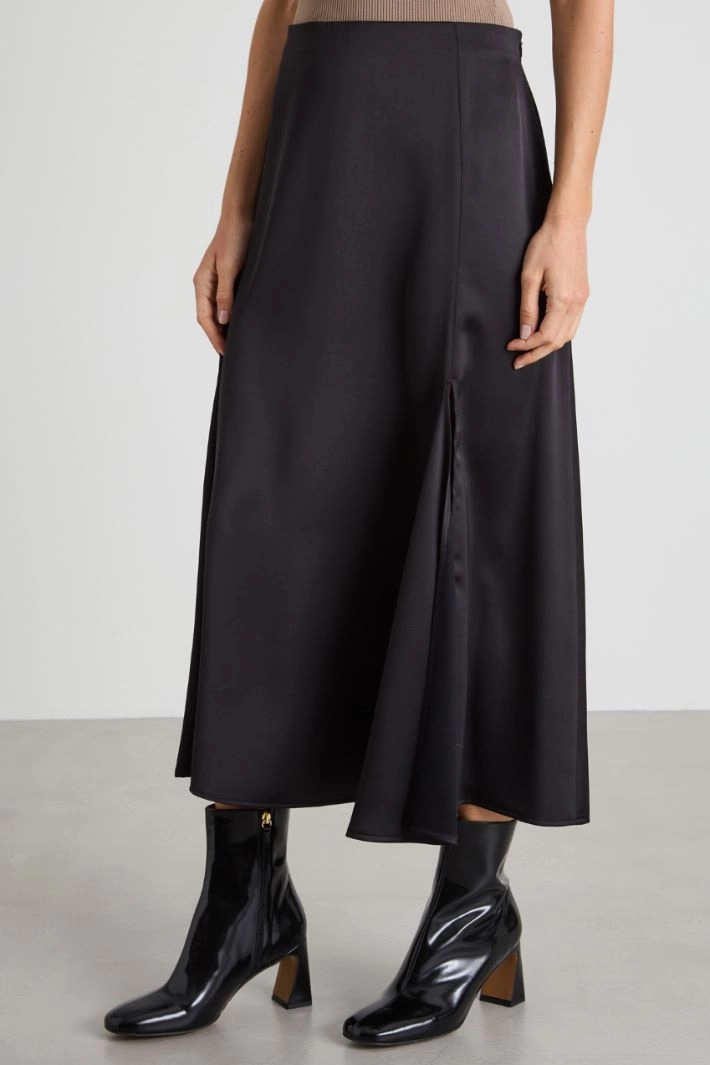 Satin midi skirt with slit - BLACK