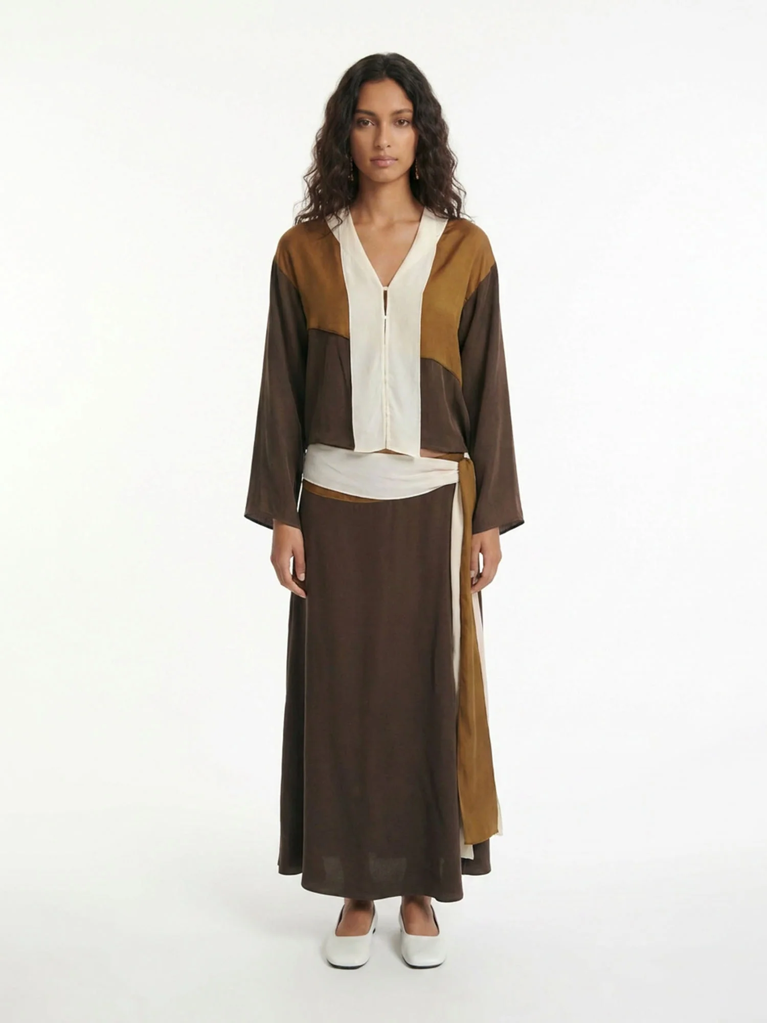 Earth Tone Contrast Shirt Skirt Set