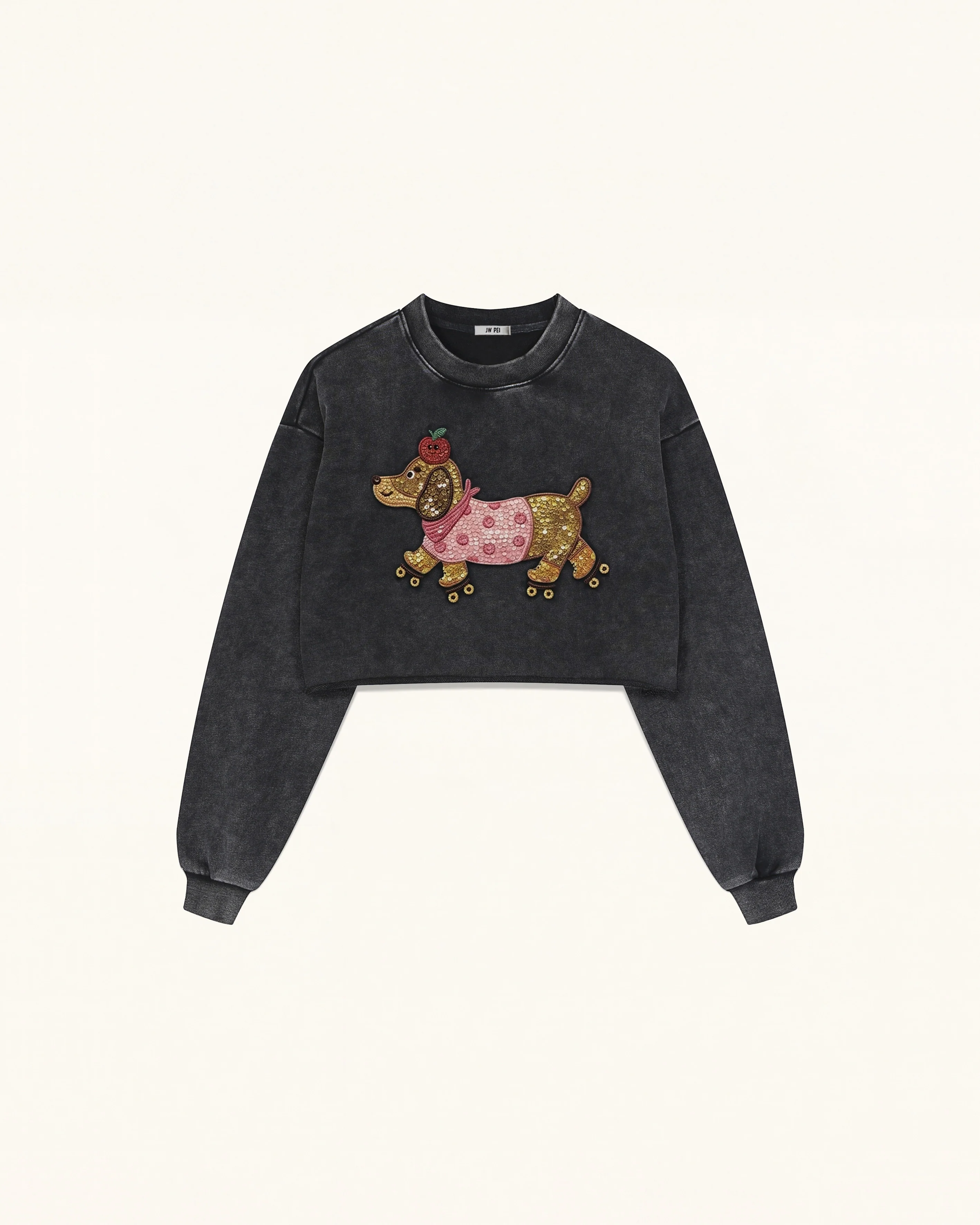 Whimsical Faux Embroidery Dachshund Sweatshirt - Black
