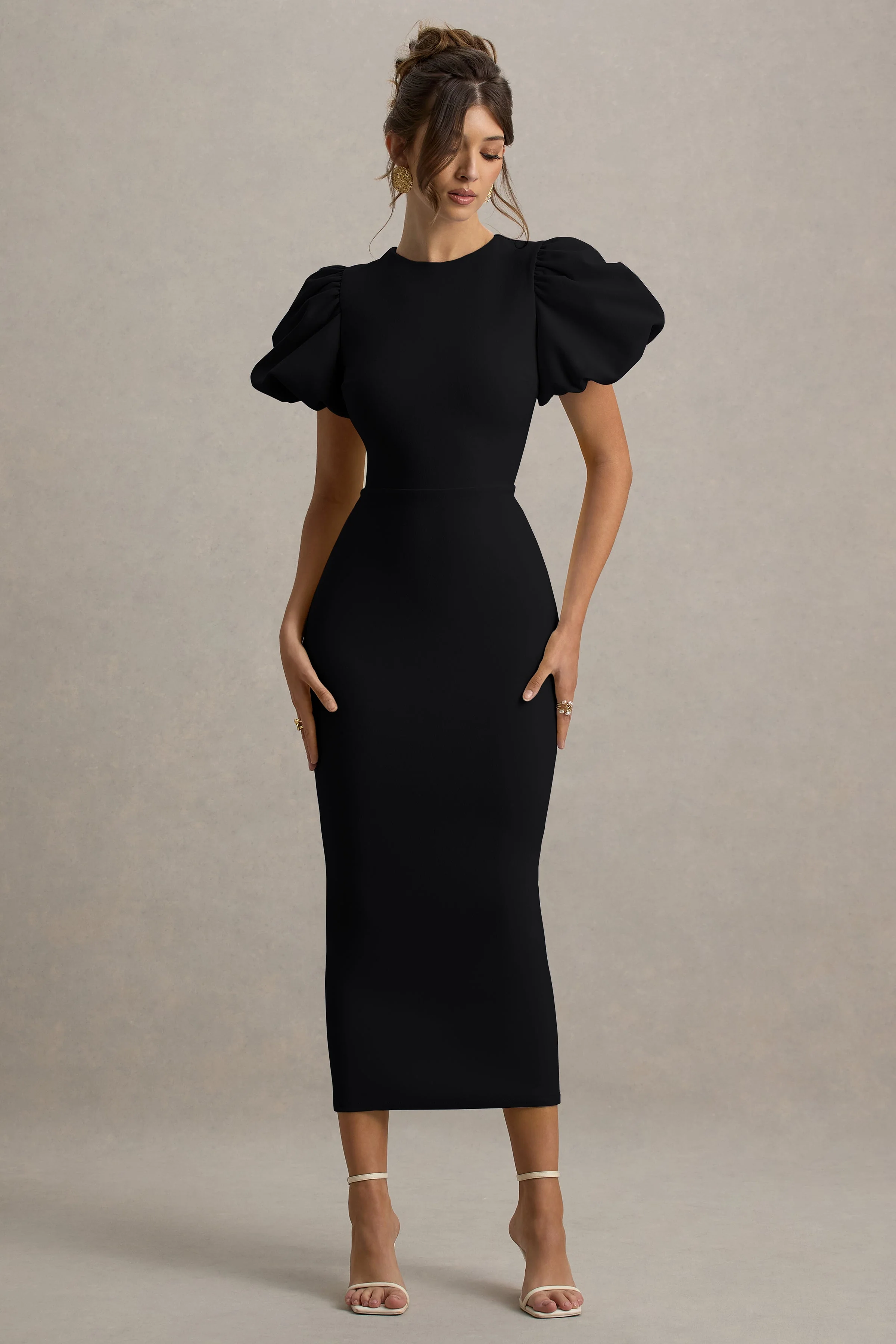 Dakota | Black Puff Sleeve Midi Dress With Back Split