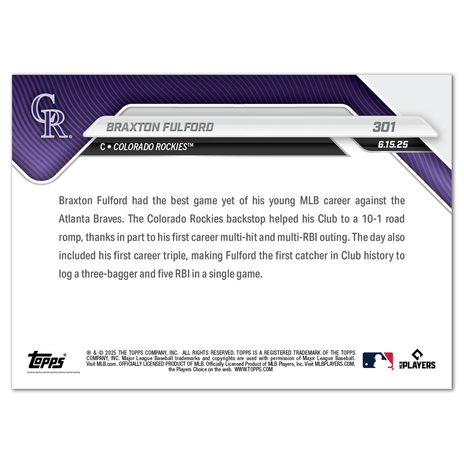 Braxton Fulford - 2025 MLB Topps NOW® - Card 301