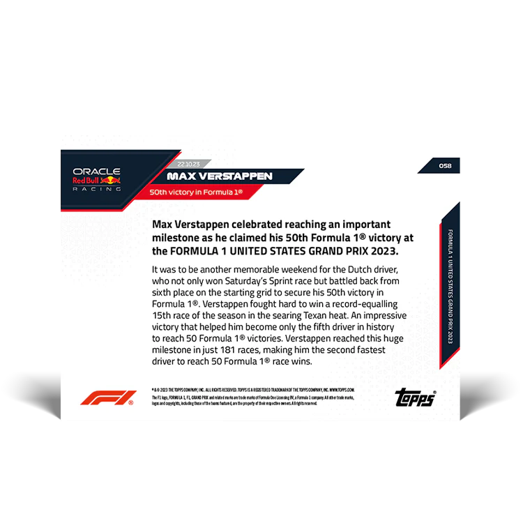 Topps UK - Max Verstappen - 50th Grand Prix victory - F1 TOPPS NOW® Card #58
