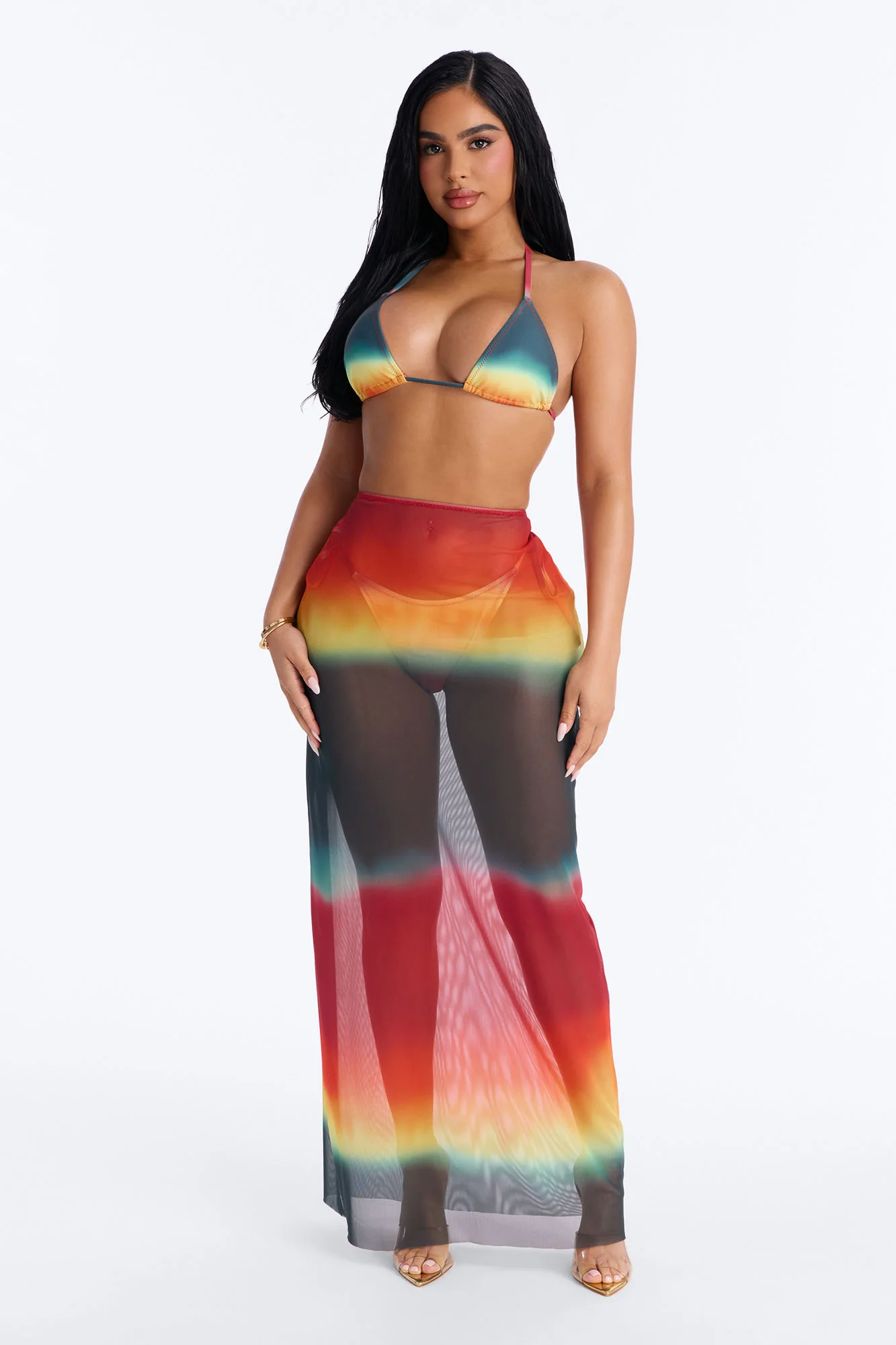 Arianna Ombre Sheer 3 Piece Bikini Skirt Set - Multi Color