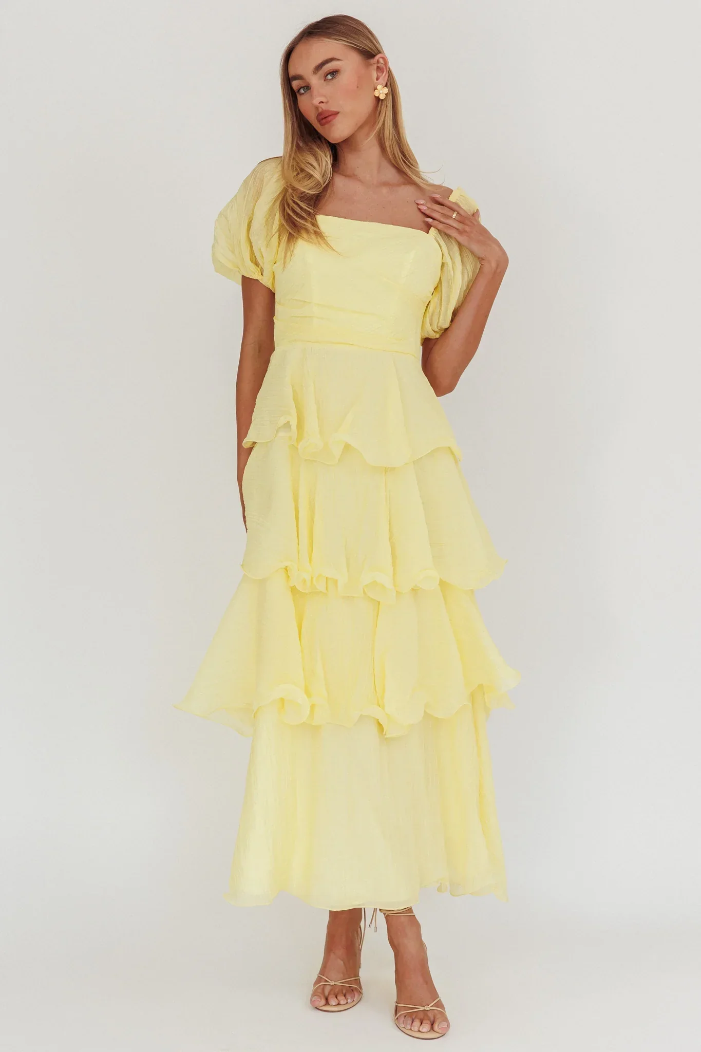 Giavana Puff Sleeve Layered Maxi Dress Lemon