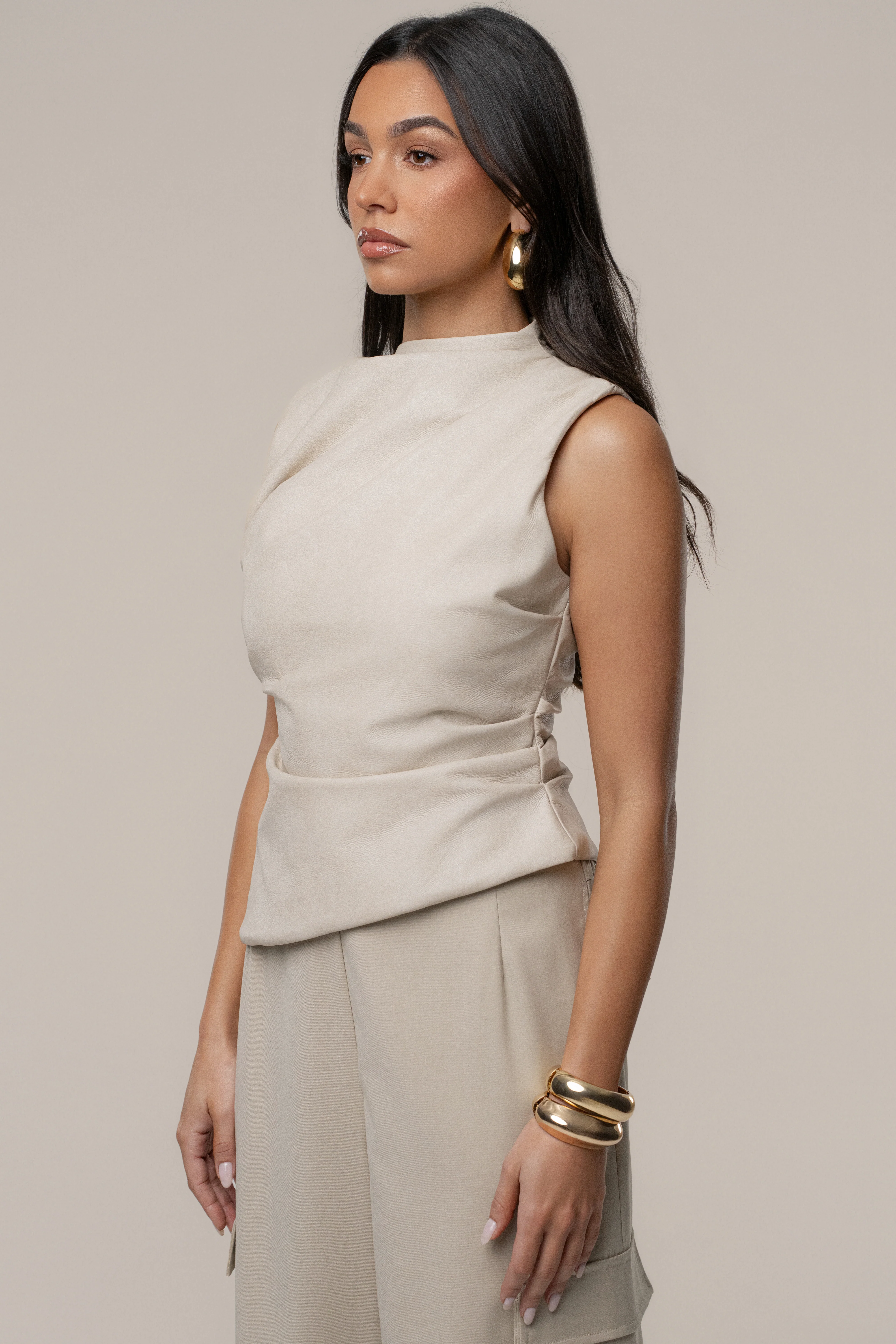 Beige Sleeveless Mock Neck Top