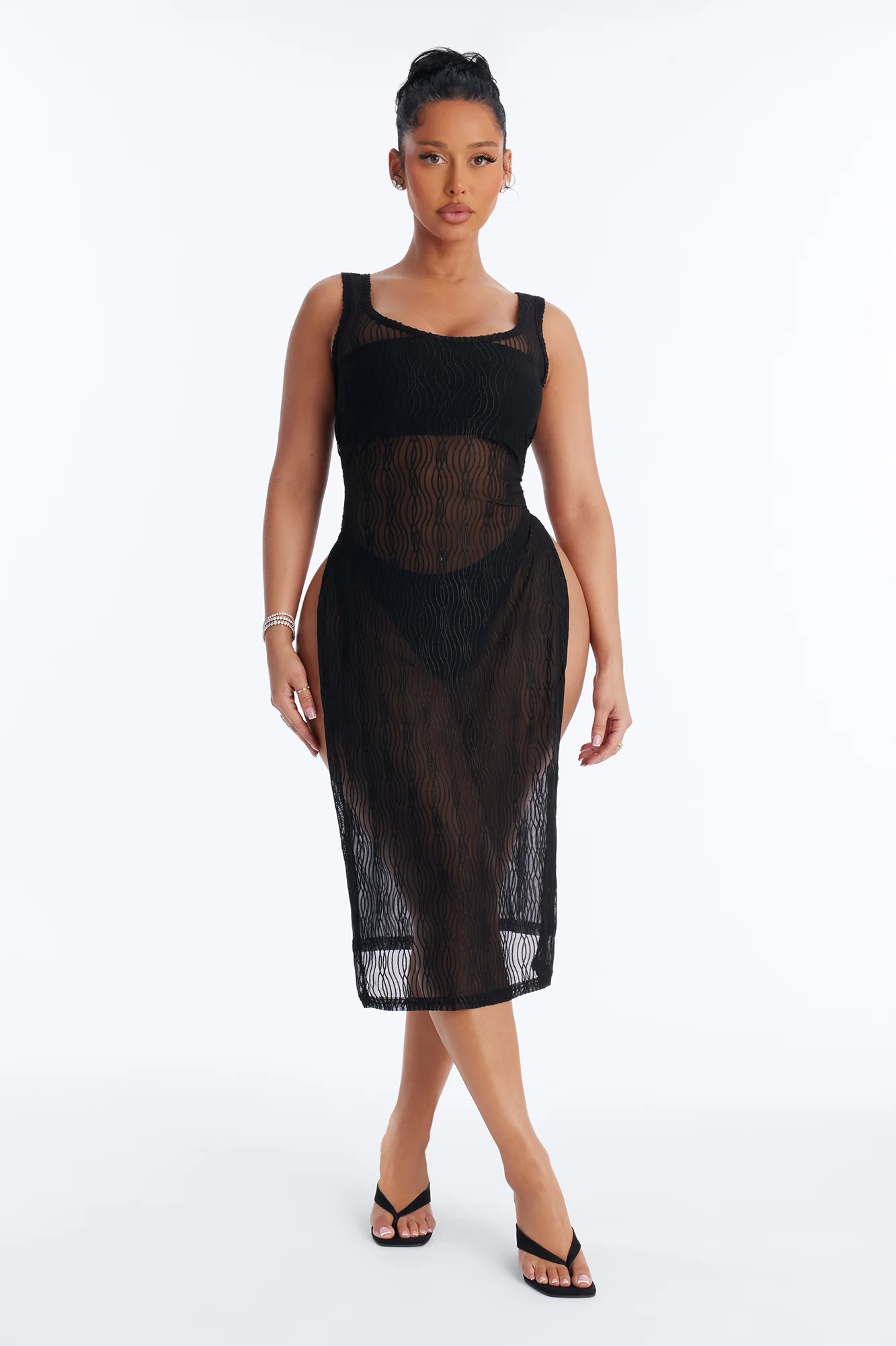 Live In The Moment Mesh Cover Up High Slit Dress - Black