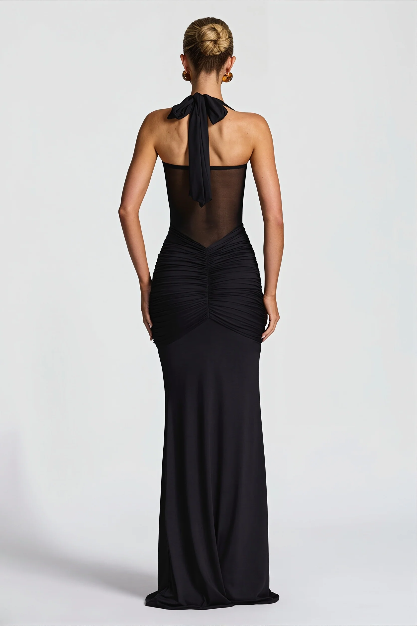 Sheer Mesh Sash Bodycon Maxi Dress