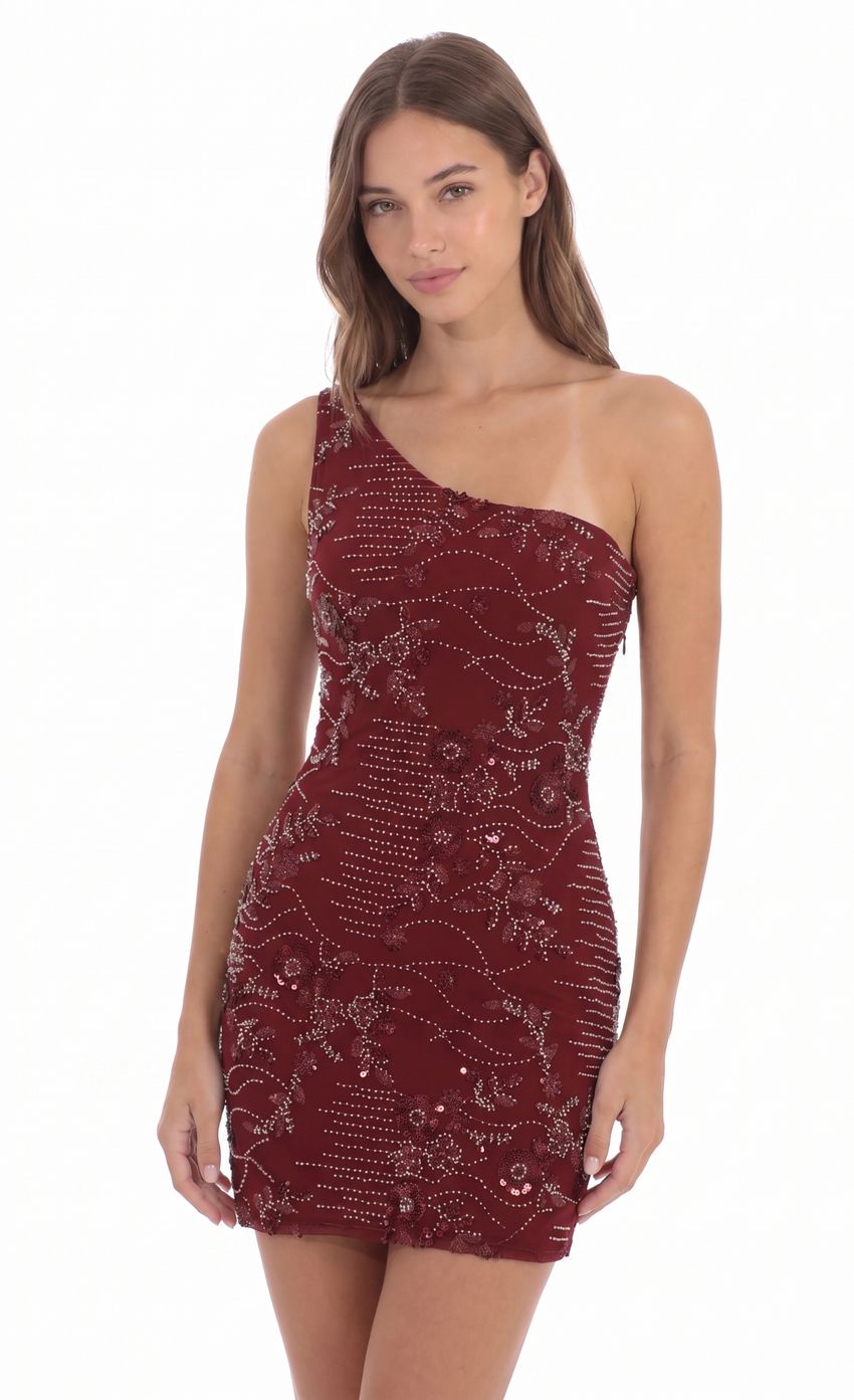 Floral One-Shoulder Mini Dress in Burgundy