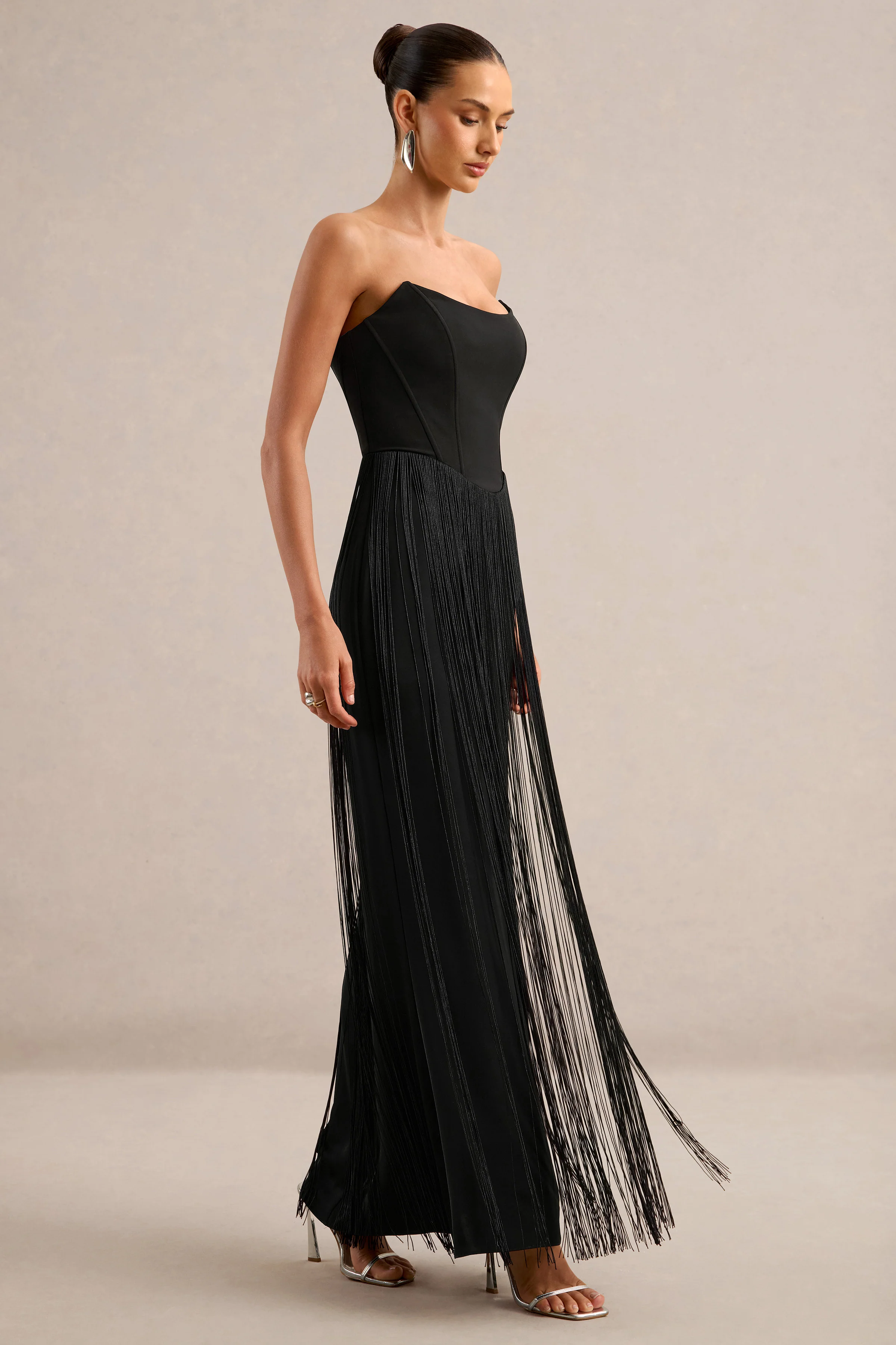 Manuela | Black Bandeau Maxi Dress With Fringe Detailing