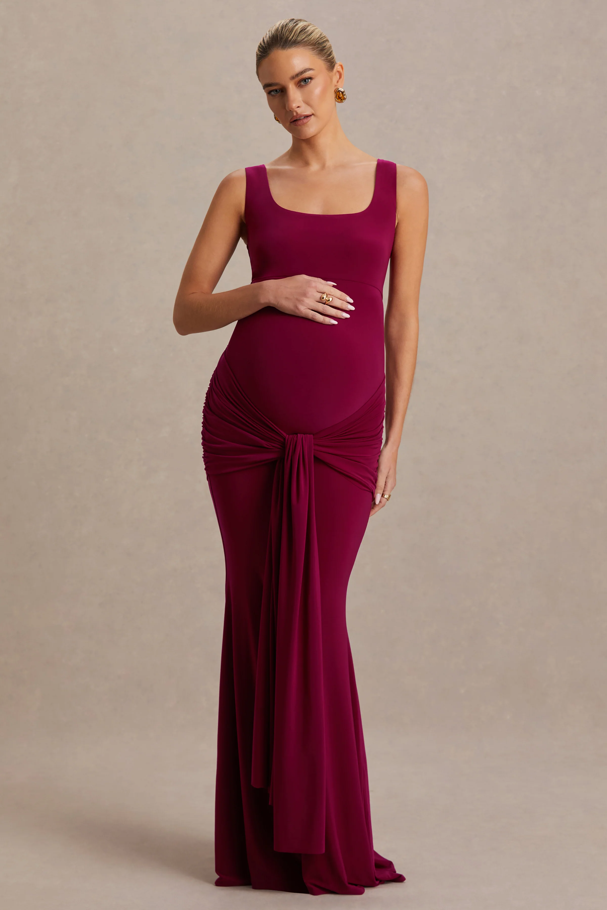 Baylin | Burgundy Square-Neck Maternity Maxi Dress With Ruched Detailing And Sash