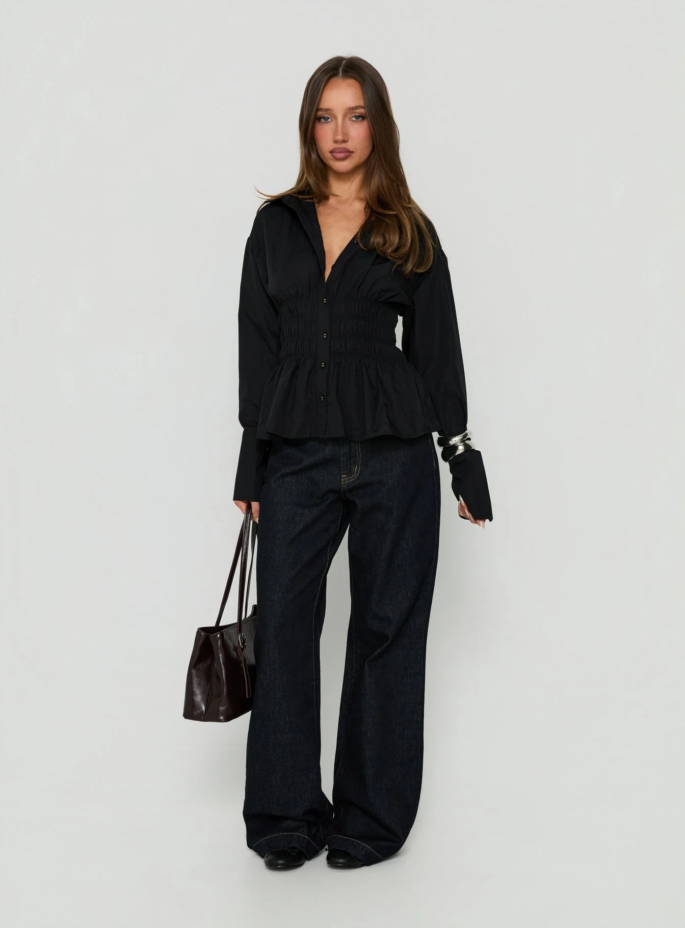 As You Are Shirred Button Up Top Black