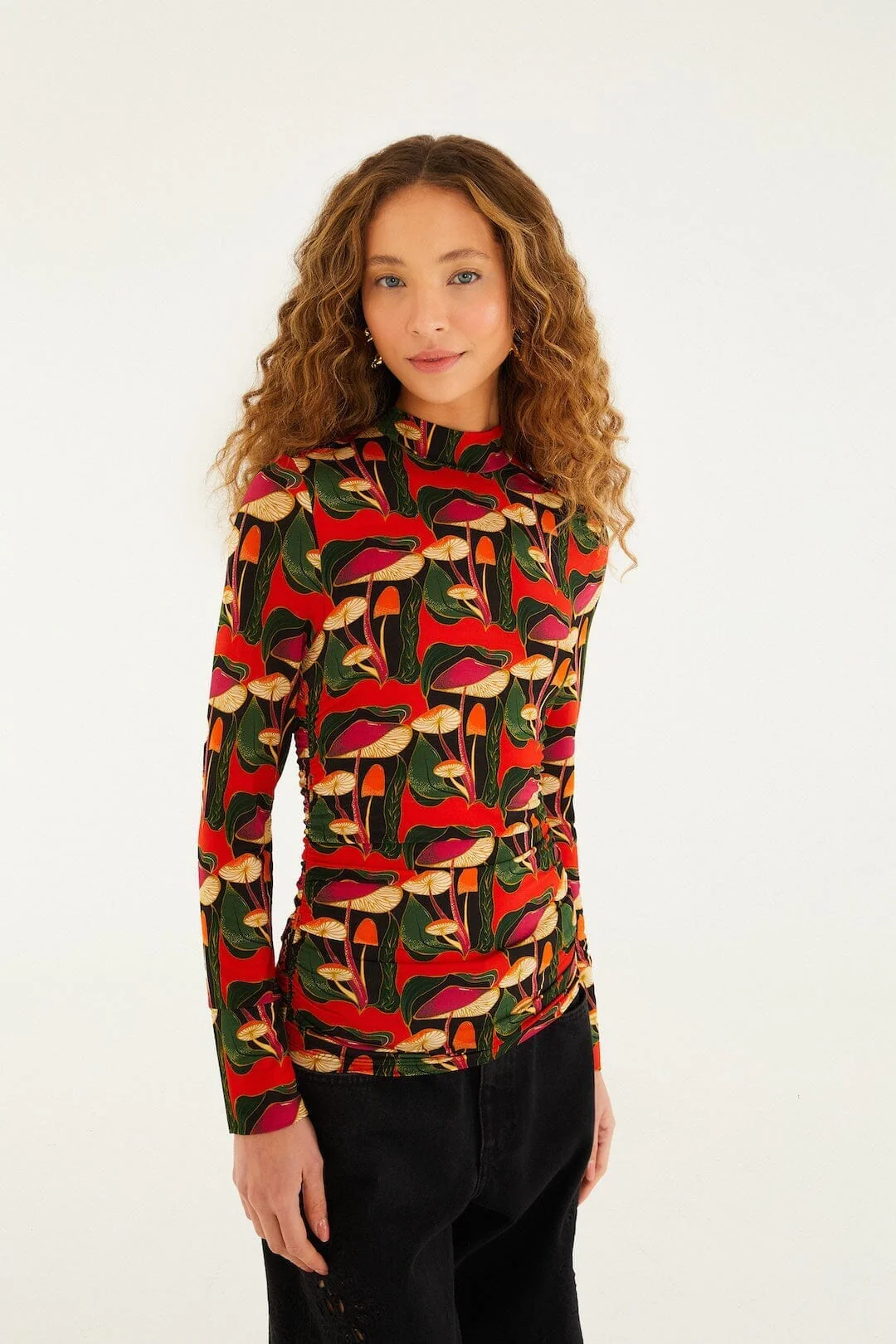 Black Wild Mushrooms Ruched Waist Jersey Blouse