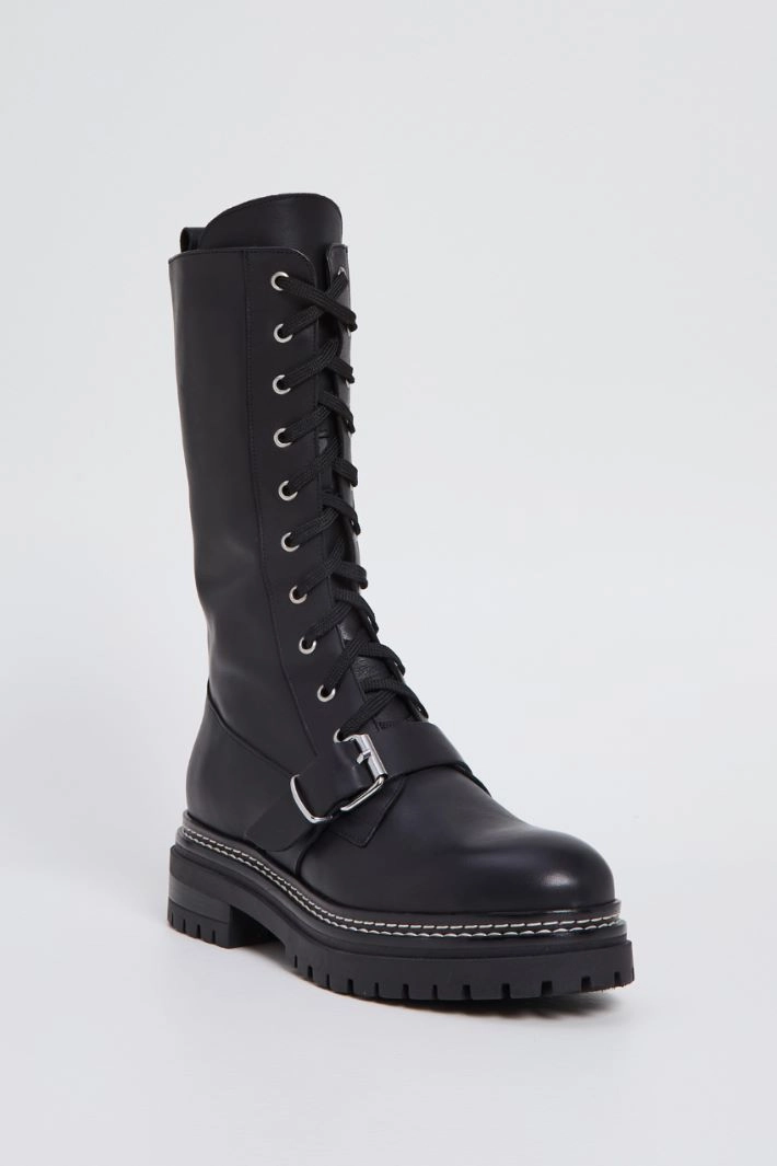 Lace-up leather combat boots - BLACK