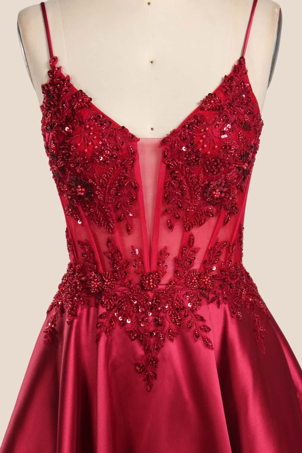 Red Straps Appliques Satin A-line Gown