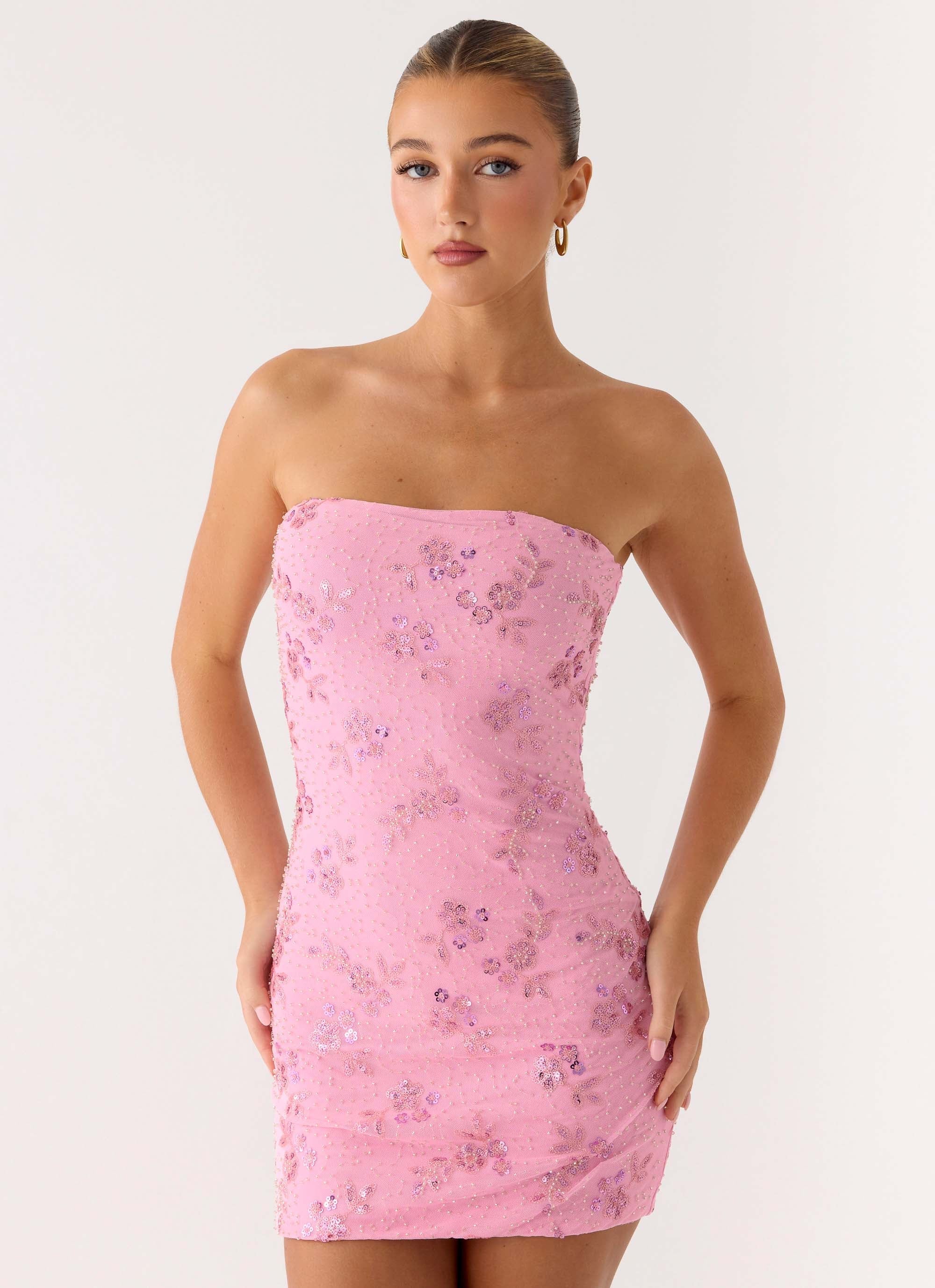 Push Back Beaded Sequin Mini Dress - Pink