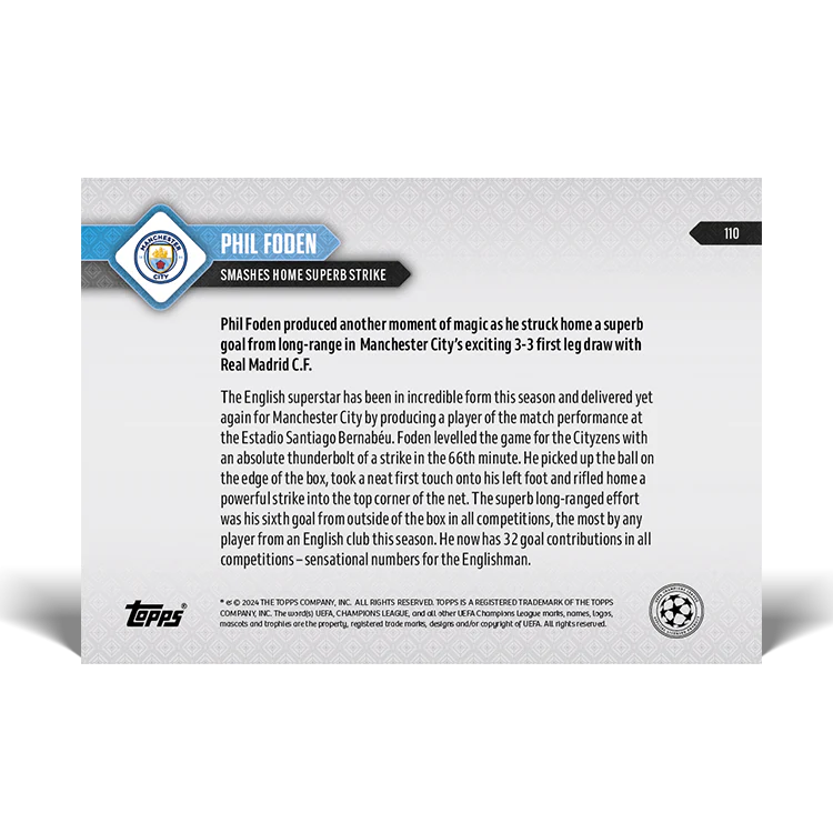 Phil Foden - Smashes home superb strike - 23/24 UCL TOPPS NOW® Card 110