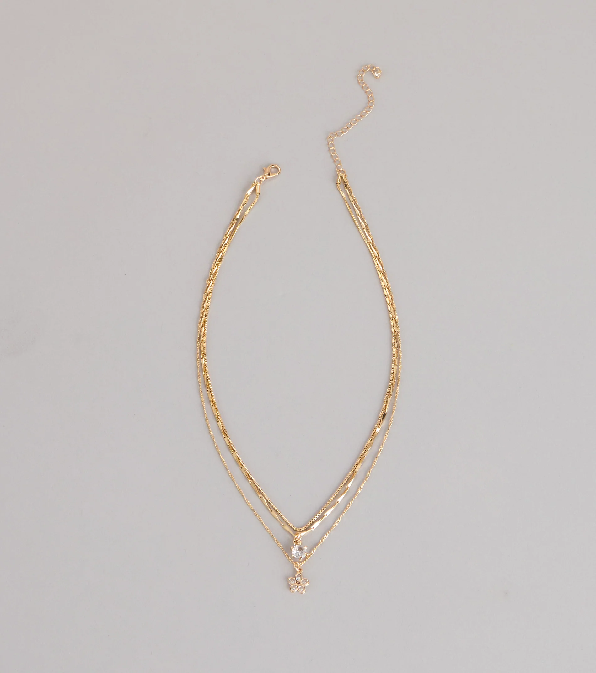 Pretty Glam Rhinestone Flower Charm Layered Necklace