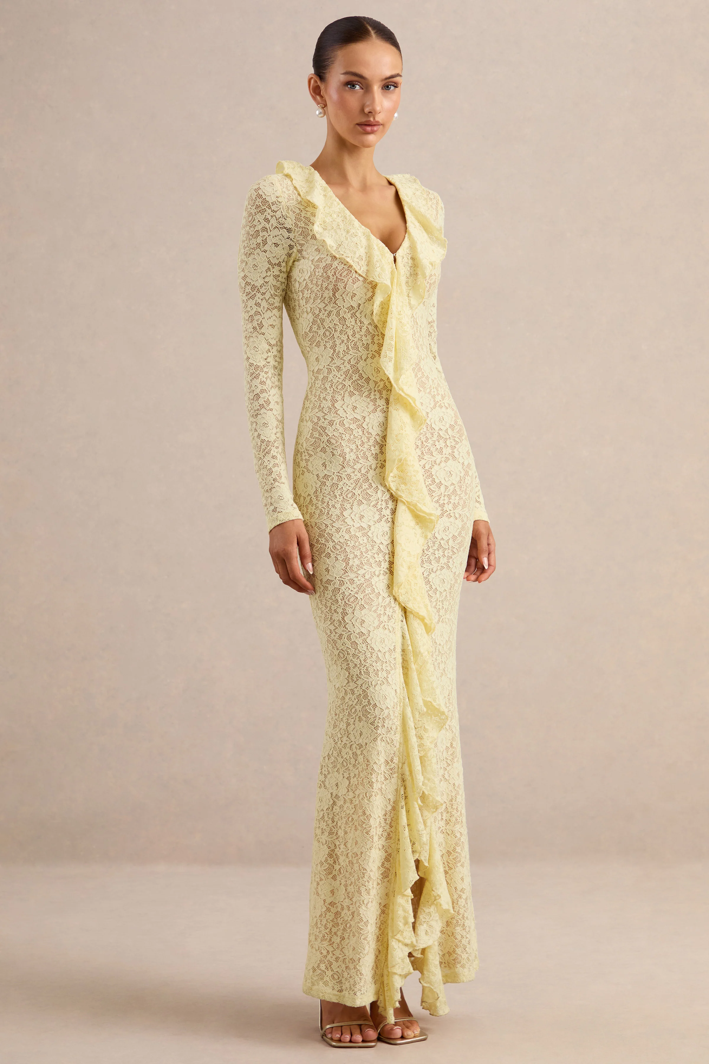 Exelia | Lemon Lace Plunge-Neck Maxi Dress With Long-Sleeves