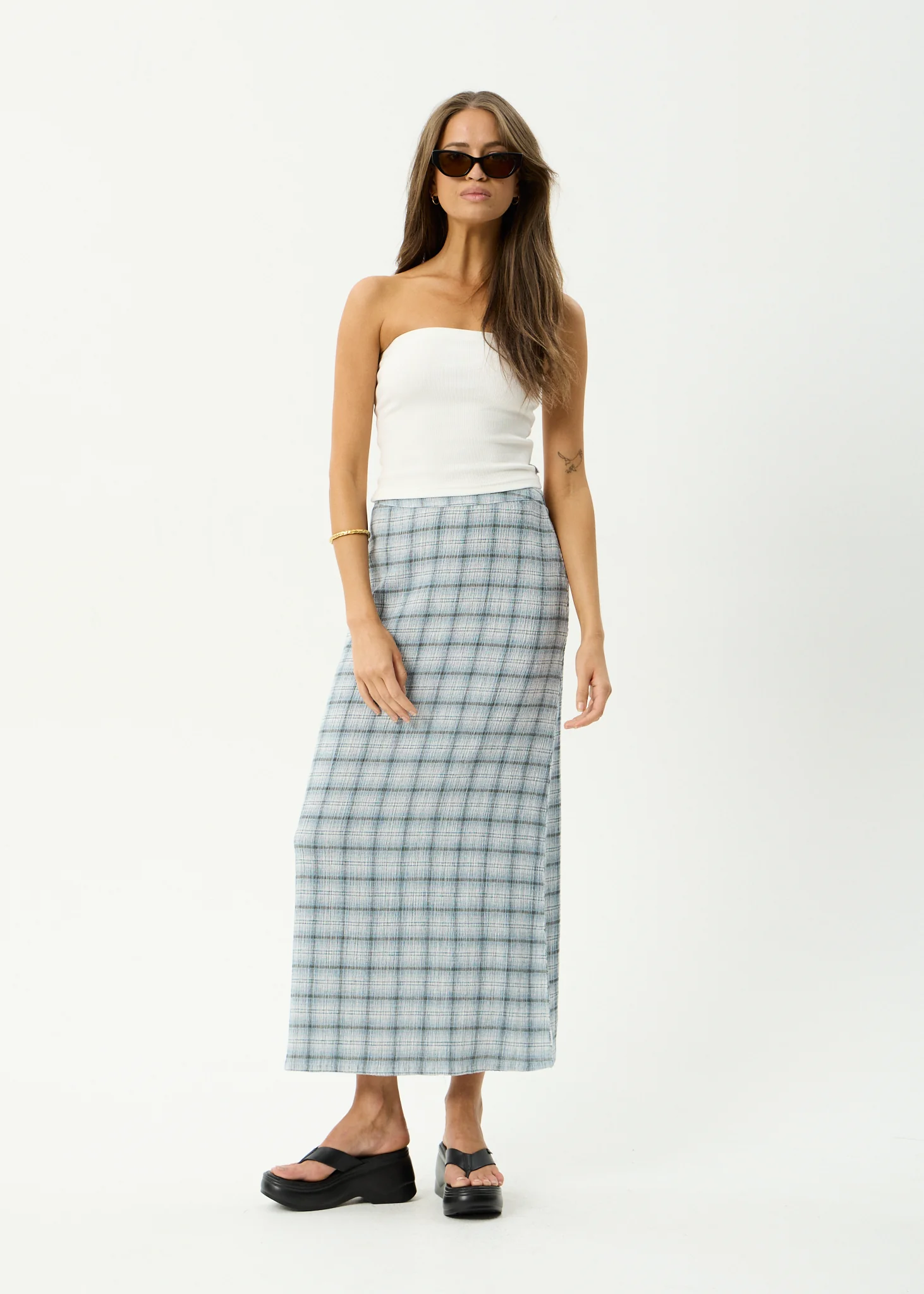 AFENDS Womens Lita - Seersucker Maxi Skirt - Lagoon Overcast Check