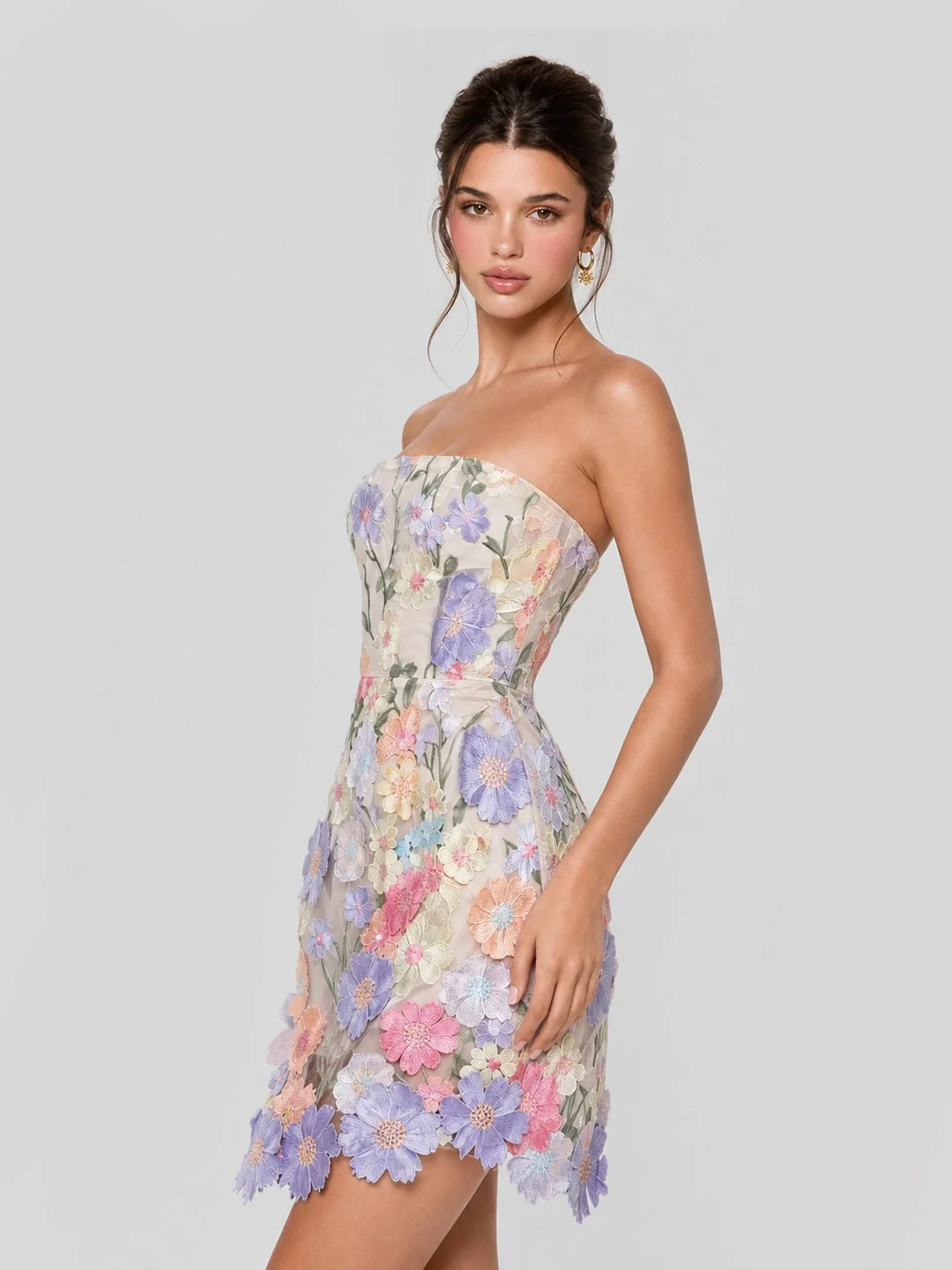 3D Floral Applique Strapless Mesh Mini Dress