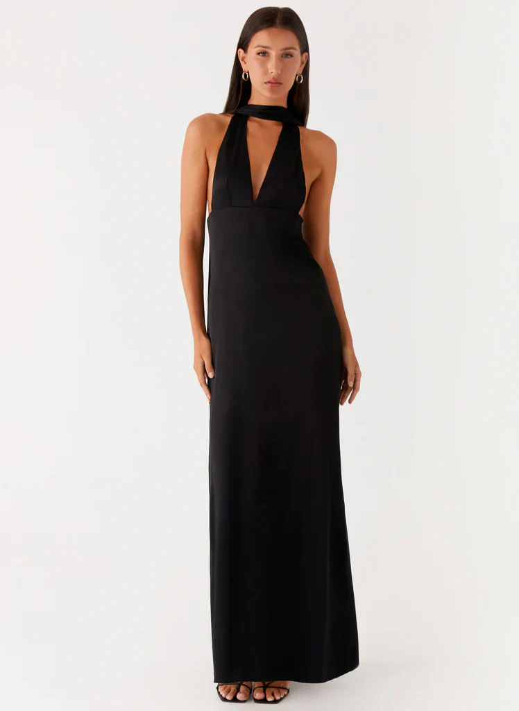 Alicia Satin Halter Maxi Dress - Black