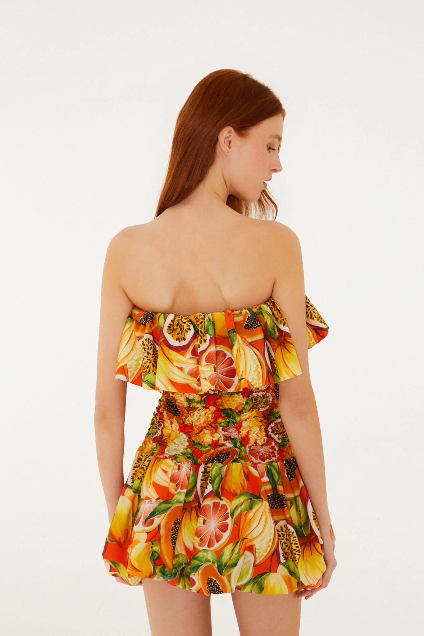 Multicolor Fruit Garden Red Smocked Balloon Mini Dress
