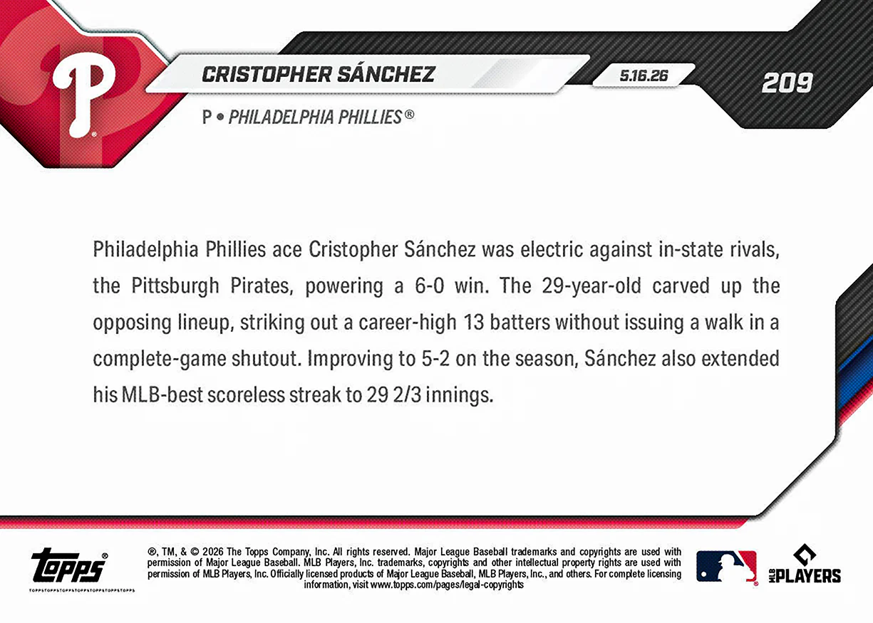 Cristopher Sánchez - 2026 MLB Topps NOW® - Card 209 - PR: 991