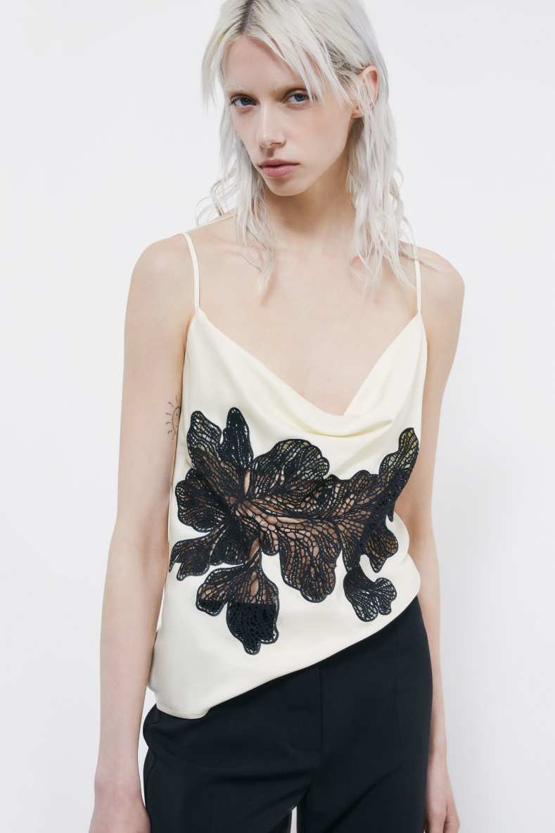 Satin top with floral lace insert