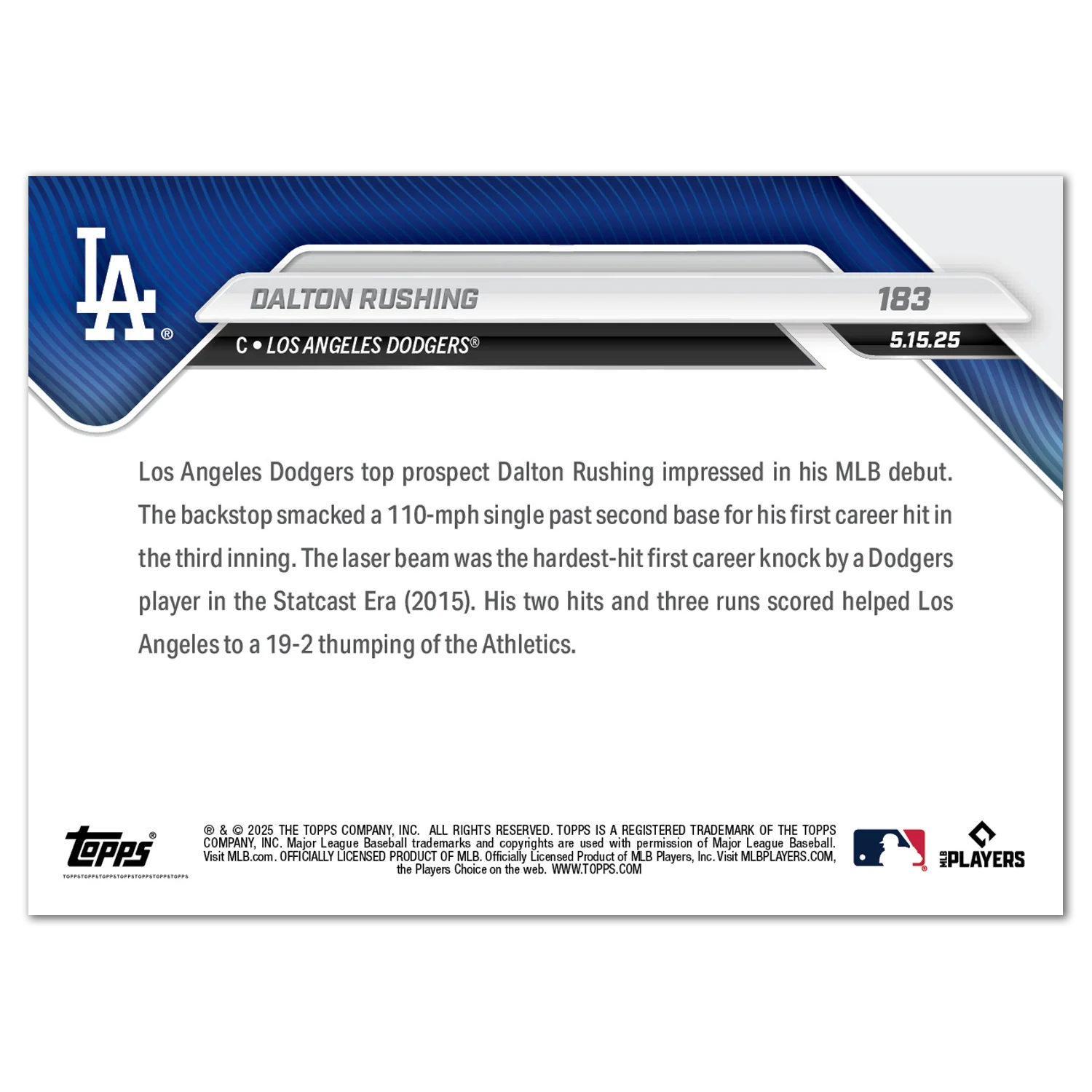 Dalton Rushing - 2025 MLB Topps NOW® - Card 183